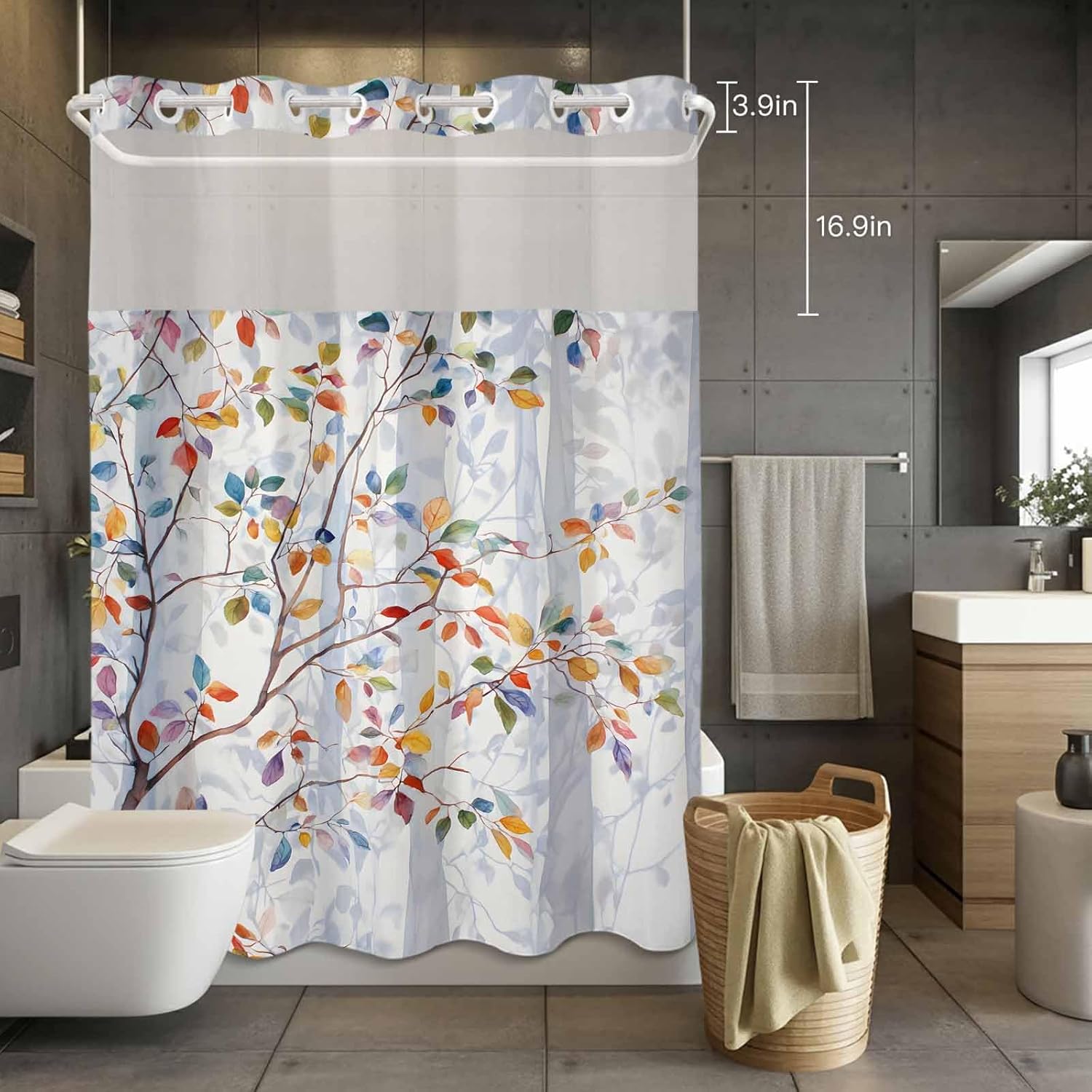 No Hook Shower Curtain, Colorful Leaves Standard Shower Curtains with Snap in Liner, Modern Abstract Spring Nature Tree Branch Waterproof Washable Fabric Bathroom Curtain Sets, 60" x 72"