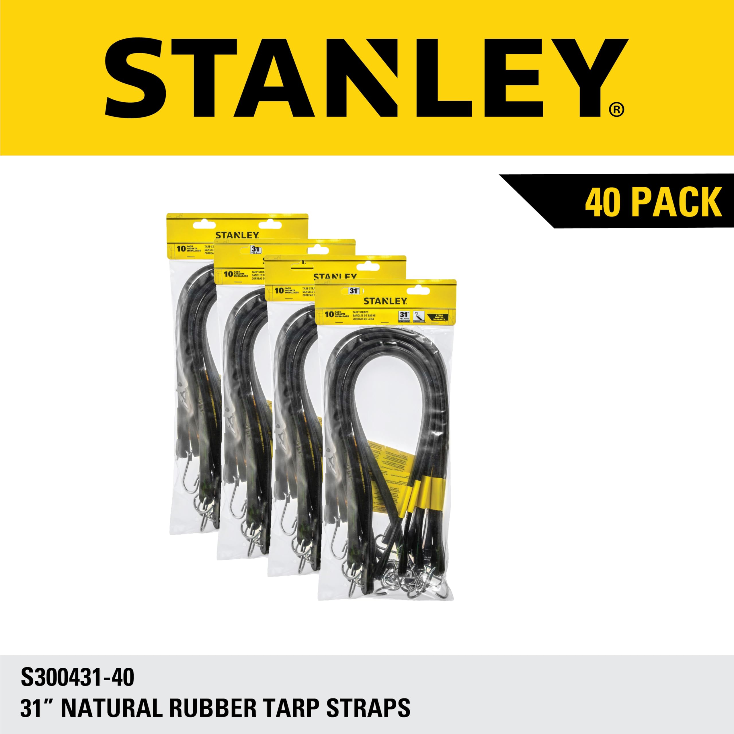 STANLEY S300431 Lot de 40 tendeurs élastiques en Caoutchouc pour Bateau, Camping, Support de Cargaison, Noir, 78,7 cm