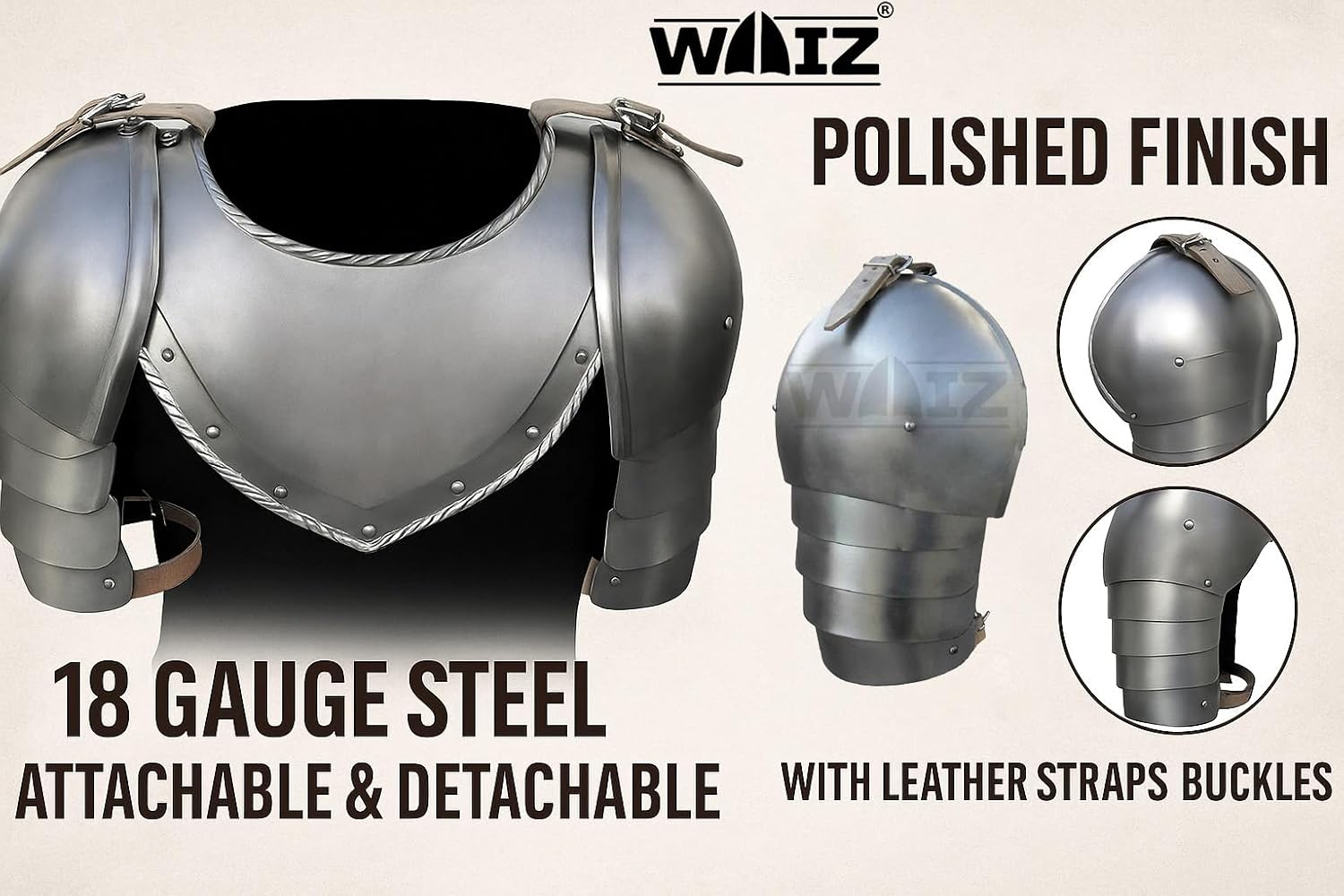 WAIZ Medieval Iron Gorget Spaulders Arm Shoulder Set | Viking Crusader Pauldrons Warrior Armor Steel Handmade Neck Protector, Silver