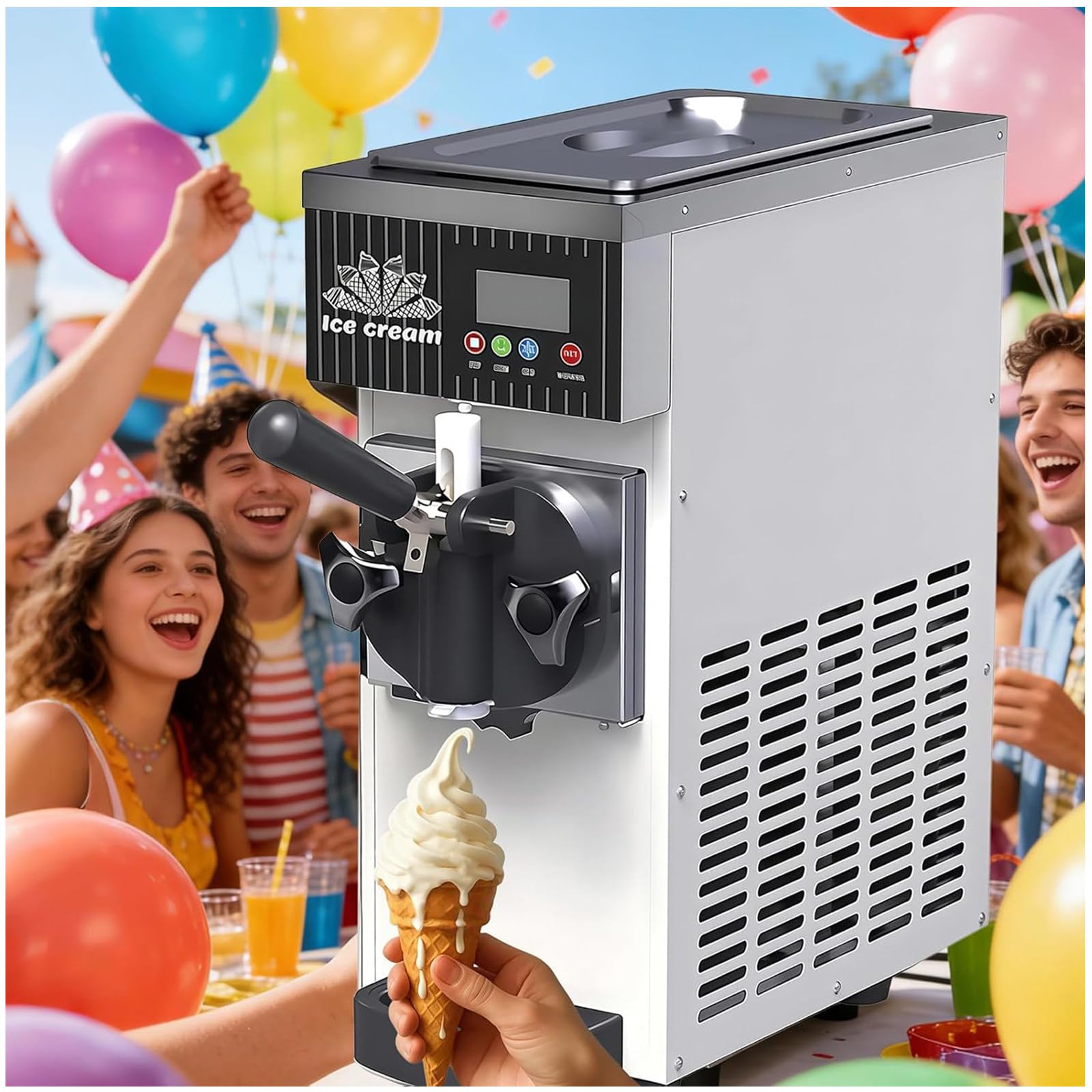 ZEEKYFOR Commercial Ice Cream Maker Single Flavor Soft Serve Ice Cream Machine with LCD Display & Auto Clean, for Beach Holiday Snack Shops 3.5L White