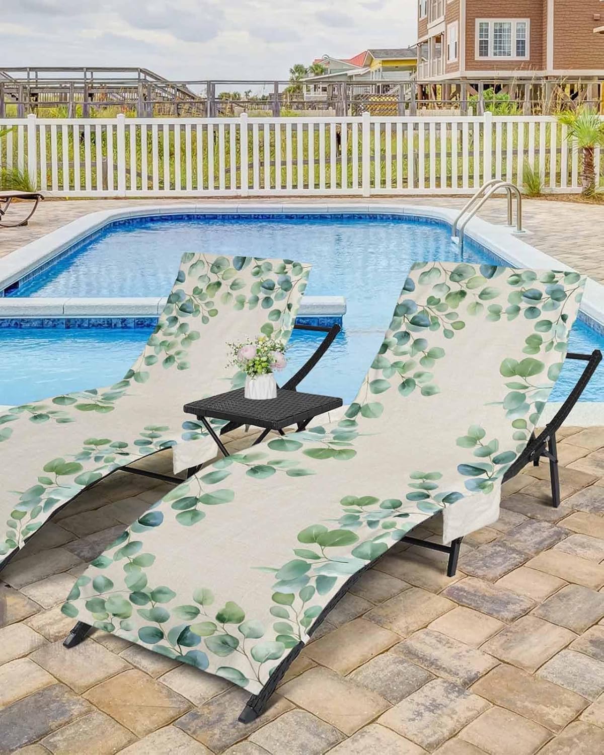 Spring Botanical Leaves Beach Pool Patio Lounge Chaise Chair Cover Towel With Pockets,Absorbent & Quick Dry Microfiber Towel Cover Bag Summer Sunbathing Accessories Summer Green Gold Eucalyptus Leaves