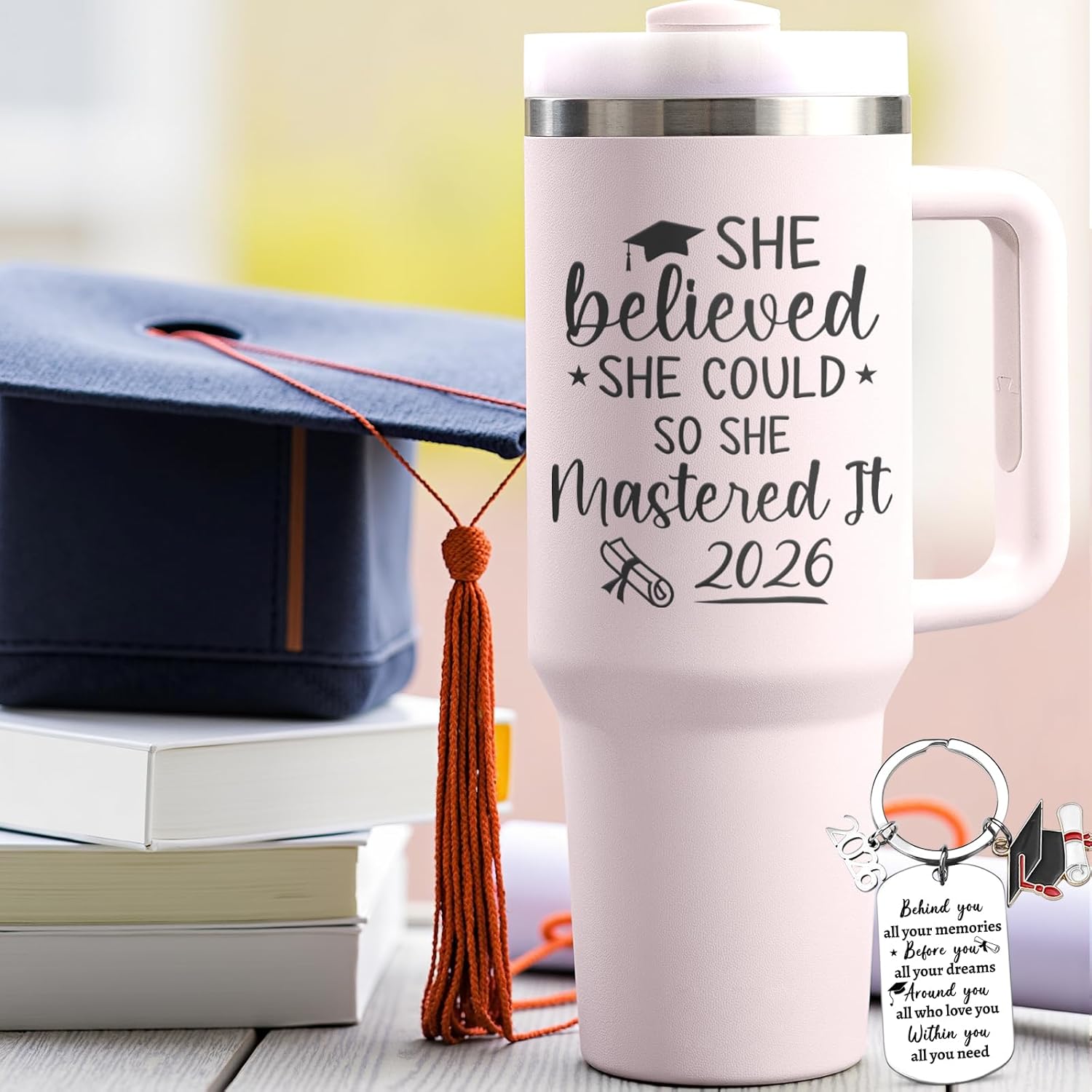 Lifecapido Graduation Gifts for Her, She Believed She Could So She Mastered It 2026 40oz Tumbler with Key Chain, College Masters Degree Graduation Gifts for Graduates Friends Classmates, Rose Quartz