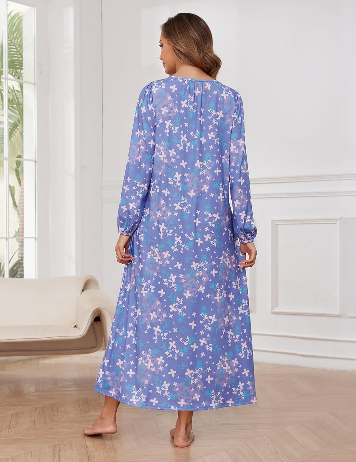 Marvmys Womens Long Sleeve Nightgown Soft Cotton Long Pajama Dress with Pockets Purple Floral S - Image 4
