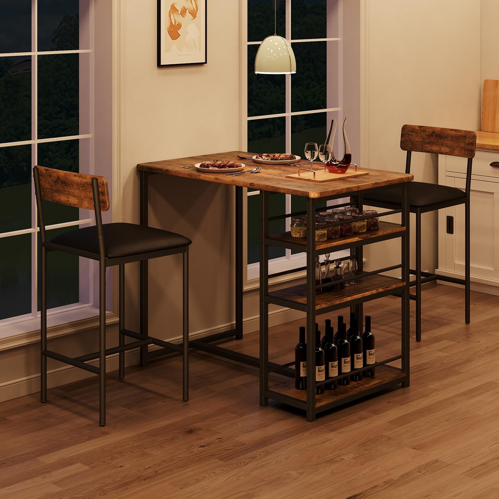Bartisch Set 3-Teilig, Bistrotisch Set mit Metallgestell, 2 Personen BartischSet mit 2 Gepolsterten Stühlen & 3 Ablagen, Esstisch für Wohnzimmer, Esszimmer und Küche - Braun