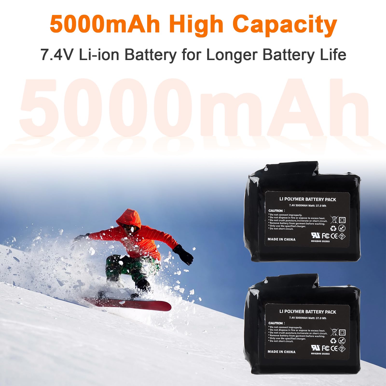 2Pcs 7.4V 5000mAh Baterías Recargables de Polímero de Litio de 37 WH con Cargador para Guantes, Calcetines, Pasamontañas, Gorros, Plantillas, Ropa Interior Térmica y Mitones