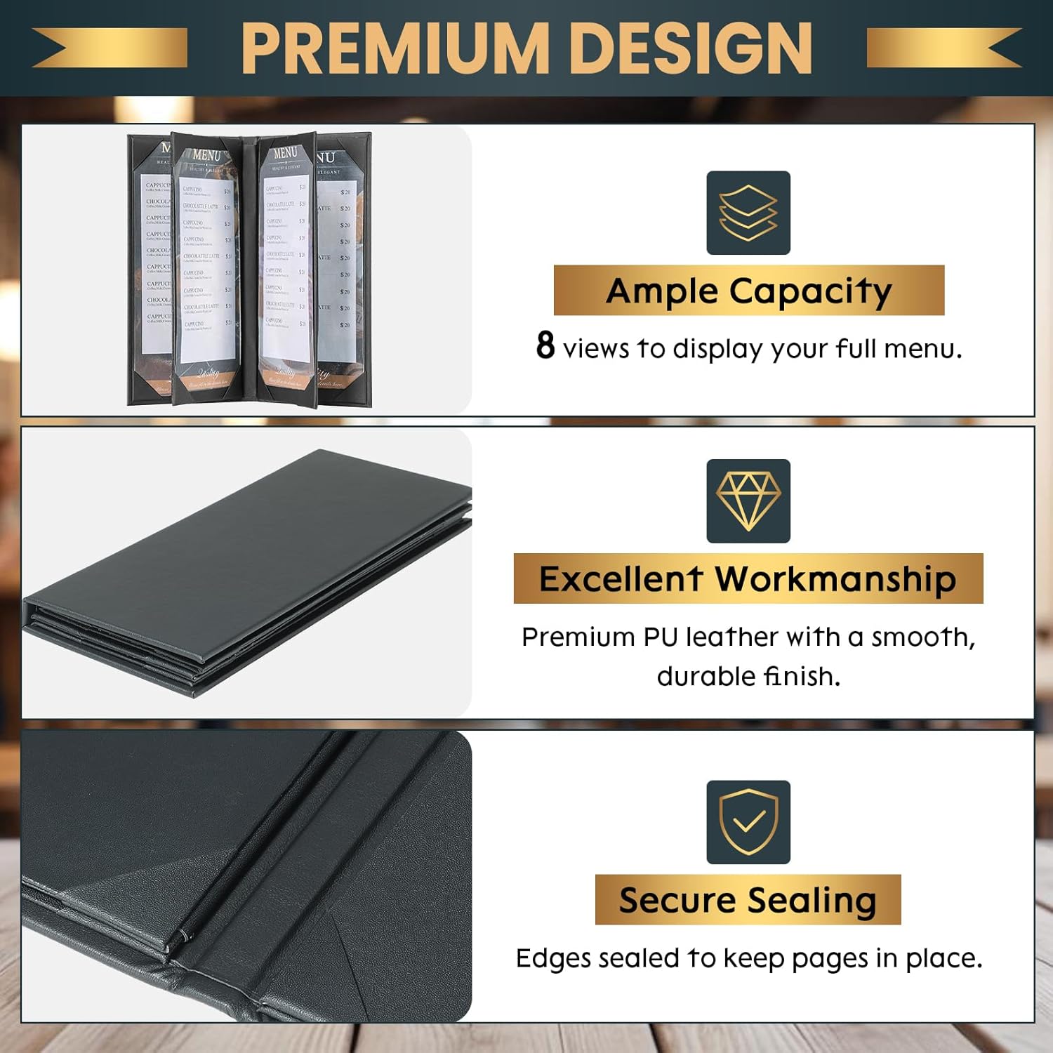 22 Pack 6 View 4.25" x 11" Menu Holder Set, Black Leather Menu Sleeves Book Style for Restaurant Coffe Bars Wine List