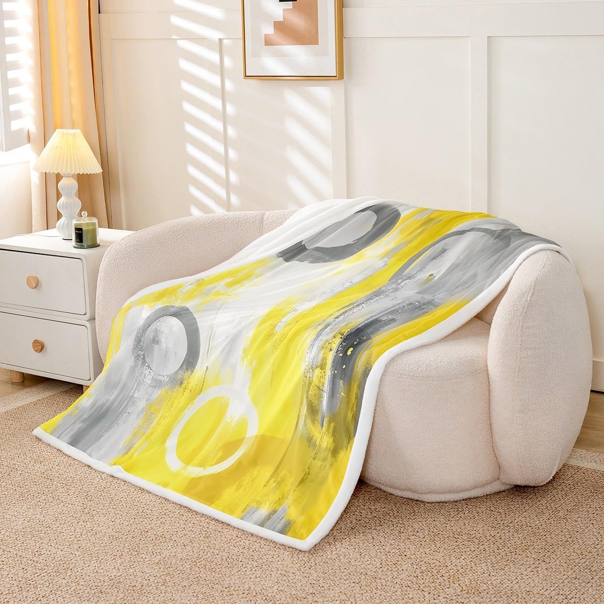 Erosebridal Grey Yellow Painting Queen 90"X90" Throw Blanket for Kids Youth Adult Modern Abstract Art Fleece Bed Blankets Graffiti Oil Painting Sherpa Blankets Grunge Ombre Fuzzy Blanket
