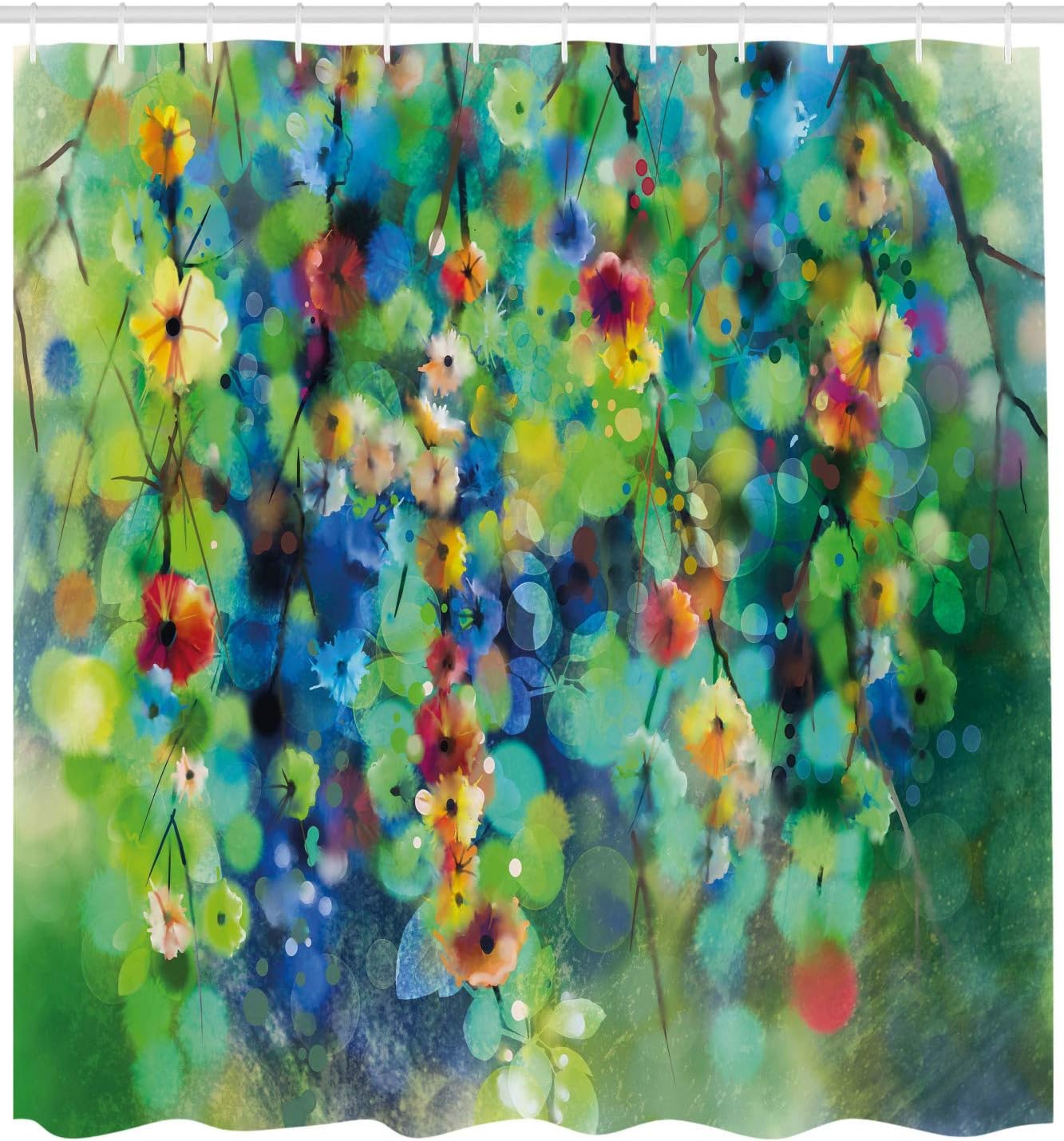 Ambesonne Flower Shower Curtain, Vibrant Colored Blooms Clusters Down from Branch Spring Season Birth Season Image, Cloth Fabric Bathroom Decor Set with Hooks, 69" W x 84" L, Green Blue