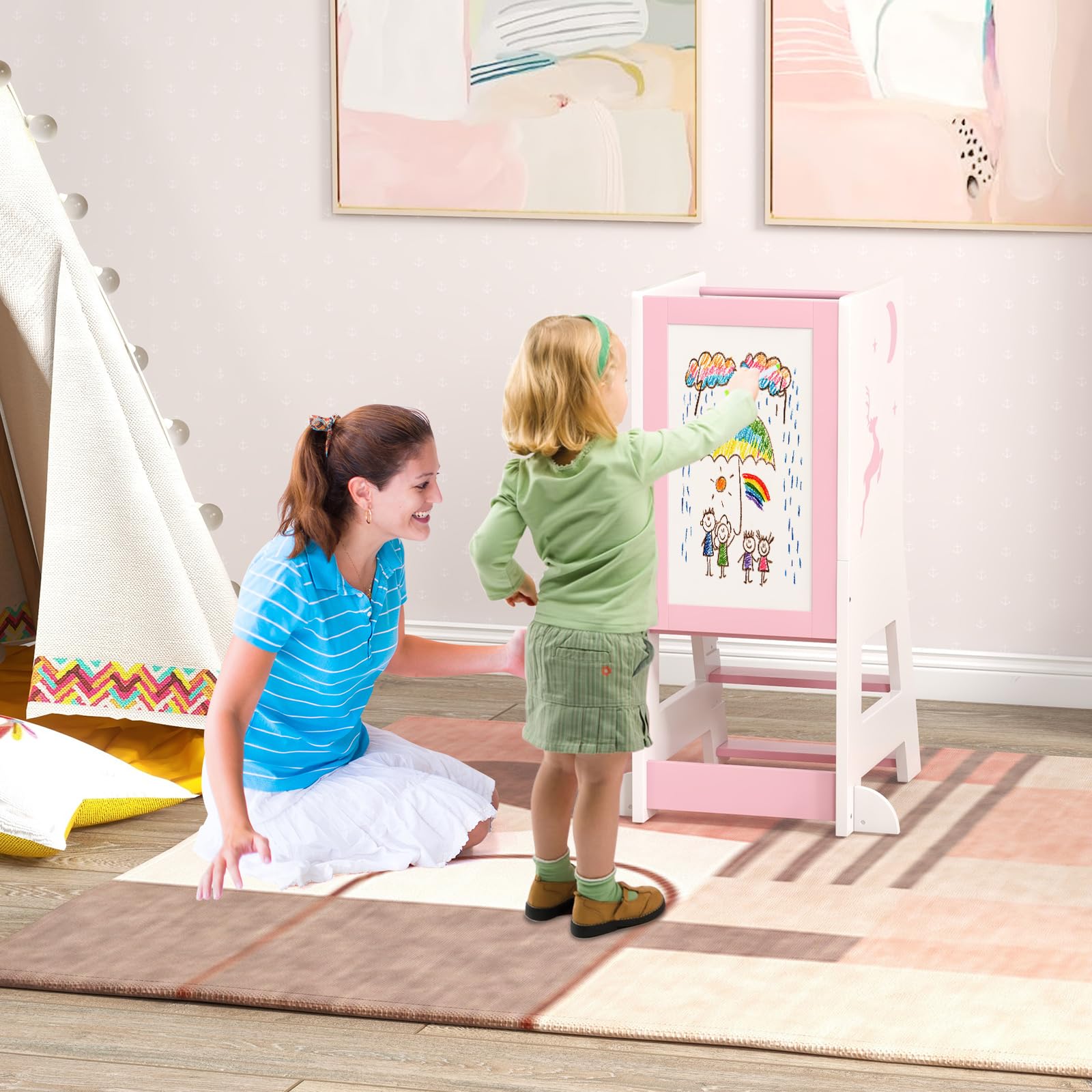 RELAX4LIFE Torre Montessoriana 3 in 1 per Bambini, Torre di Apprendimento Altezza Regolabile con Lavagna Bifacciale e Piedini Antiribaltamento, Rosa