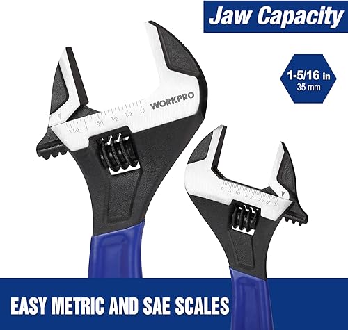 Miniatura 3 de WORKPRO Llave ajustable de 10 pulgadas, llave de mandíbula ancha de acero Cr-V con óxido negro, escalas métricas y SAE, para el hogar, garaje,