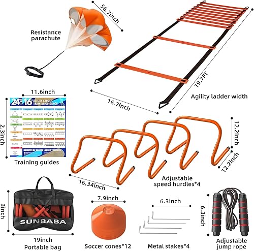 Miniatura 2 de Juego de equipo de entrenamiento de velocidad con escalera de agilidad de 20 pies, 4 obstáculos, 12 conos, cuerda de saltar, paracaídas para correr,