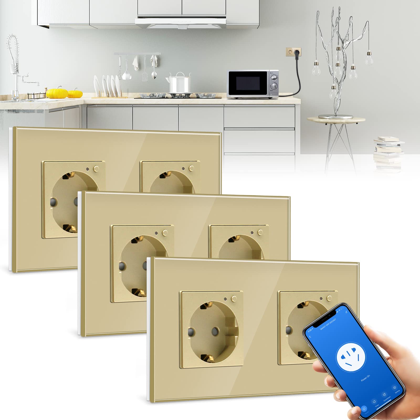 BSEED BSEED Enchufe Doble de Pared WiFi,Schuko Enchufe inteligente Compatible con Alexa y Google Home,Control de APP y Función de Temporizador,protección de contacto,16A Oro-3 Paquete