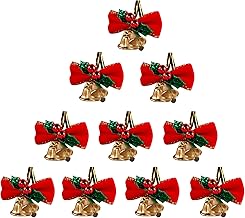 Christmas Bow with Bells 24PCS Small Christmas Bow Ornaments with Bells Mini Christmas Tree Bowknot Ornament for Christmas Decoration, Wreath, Presents Wrapping Craft Supplies (Red and Green leaves)