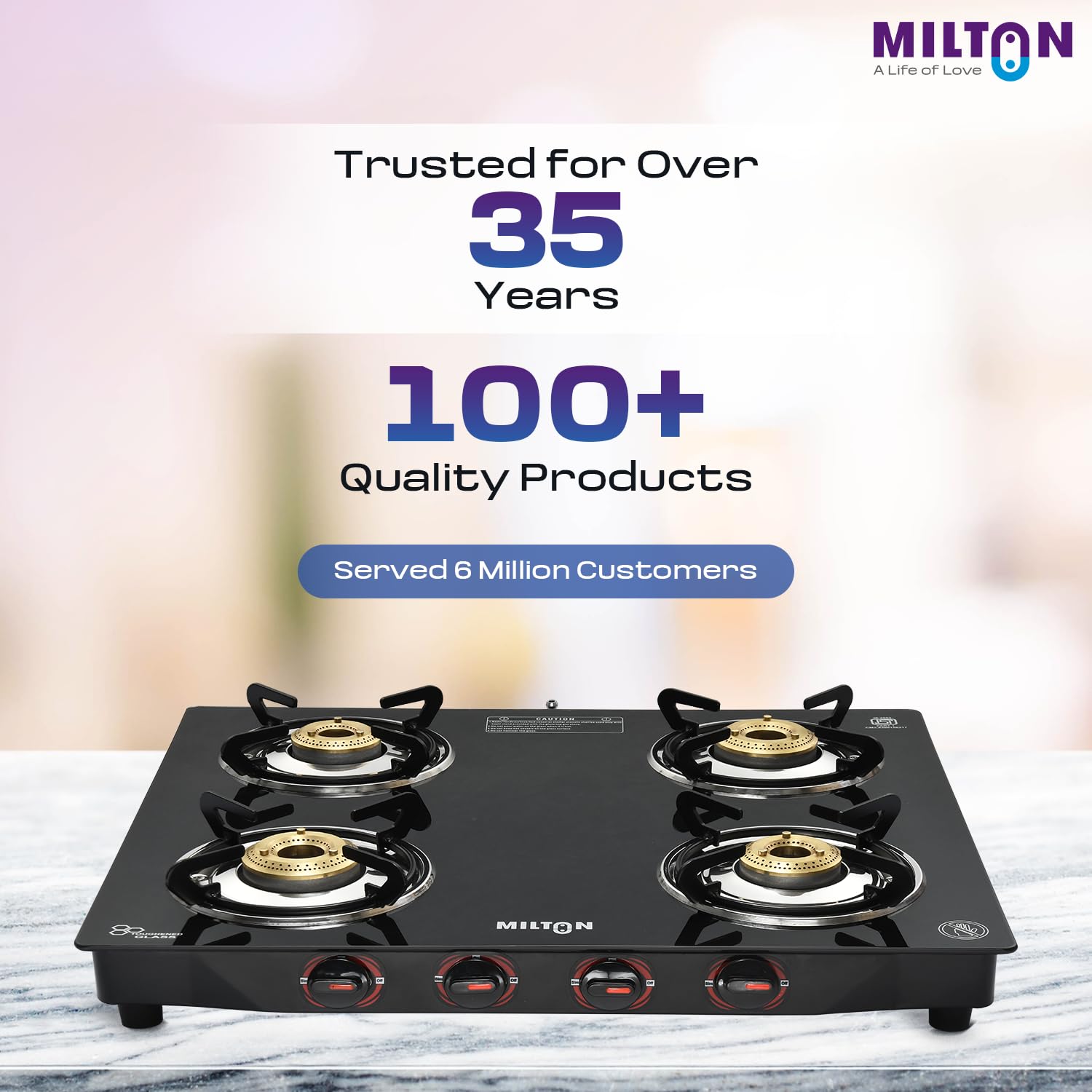 MILTON Premium 4 Burner Black Manual Ignition Glass Top Gas Stove, (ISI Certified) - Image 2