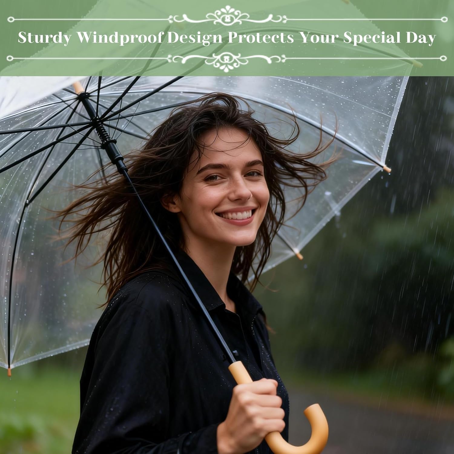 52 & 32 Pack Clear Wedding Umbrellas, Windproof Bulk Umbrellas with Thank You Tags, Large POE Dome, Auto Open-Close, Guest Favors for Weddings, Parties, Photography, Outdoor Events (Wood-Look, White)