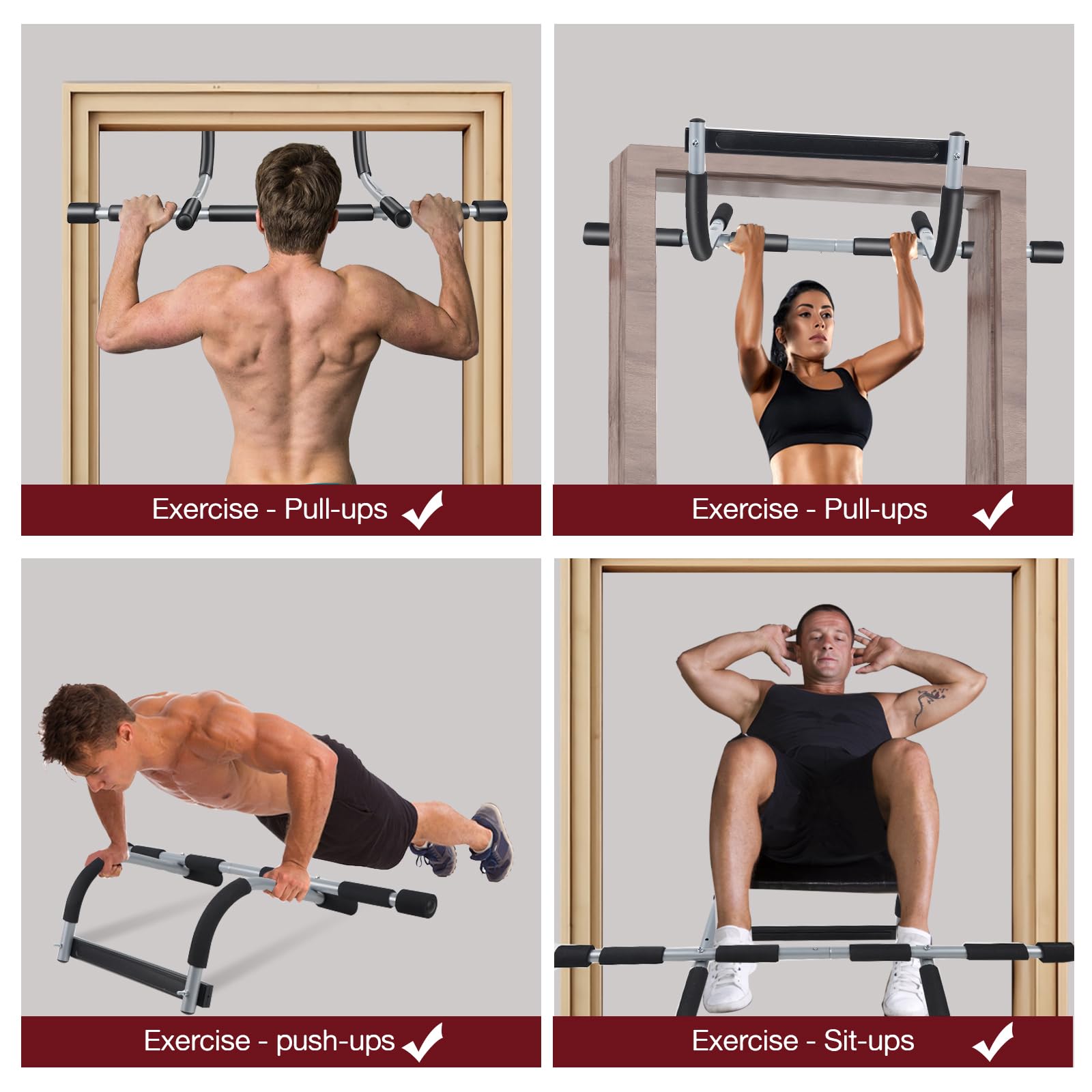 GYE Barra de dominadas para puerta, barra de entrenamiento de puerta con agarres de espuma, sin tornillos, barra portátil para dominadas, barras de dominadas para el hogar, fuerza de agarre múltiple