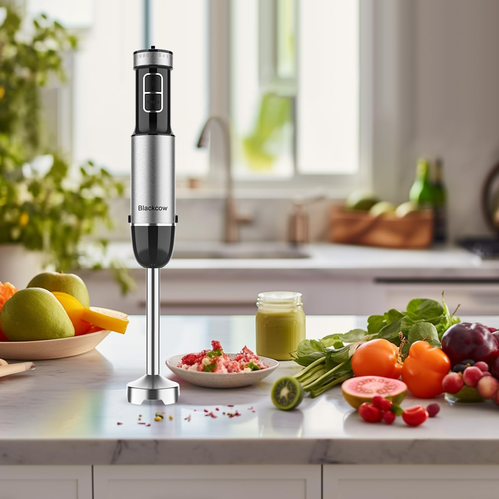 Batidora de inmersión de mano, potente batidora de mano eléctrica de 800 W con cuchillas de aleación de titanio, 12 velocidades y turbo, batidora de mano eléctrica para batidos, sopas, 6