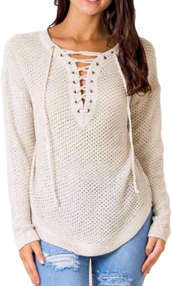 Ribbed Knitted Blouse Lace Up Sweater 