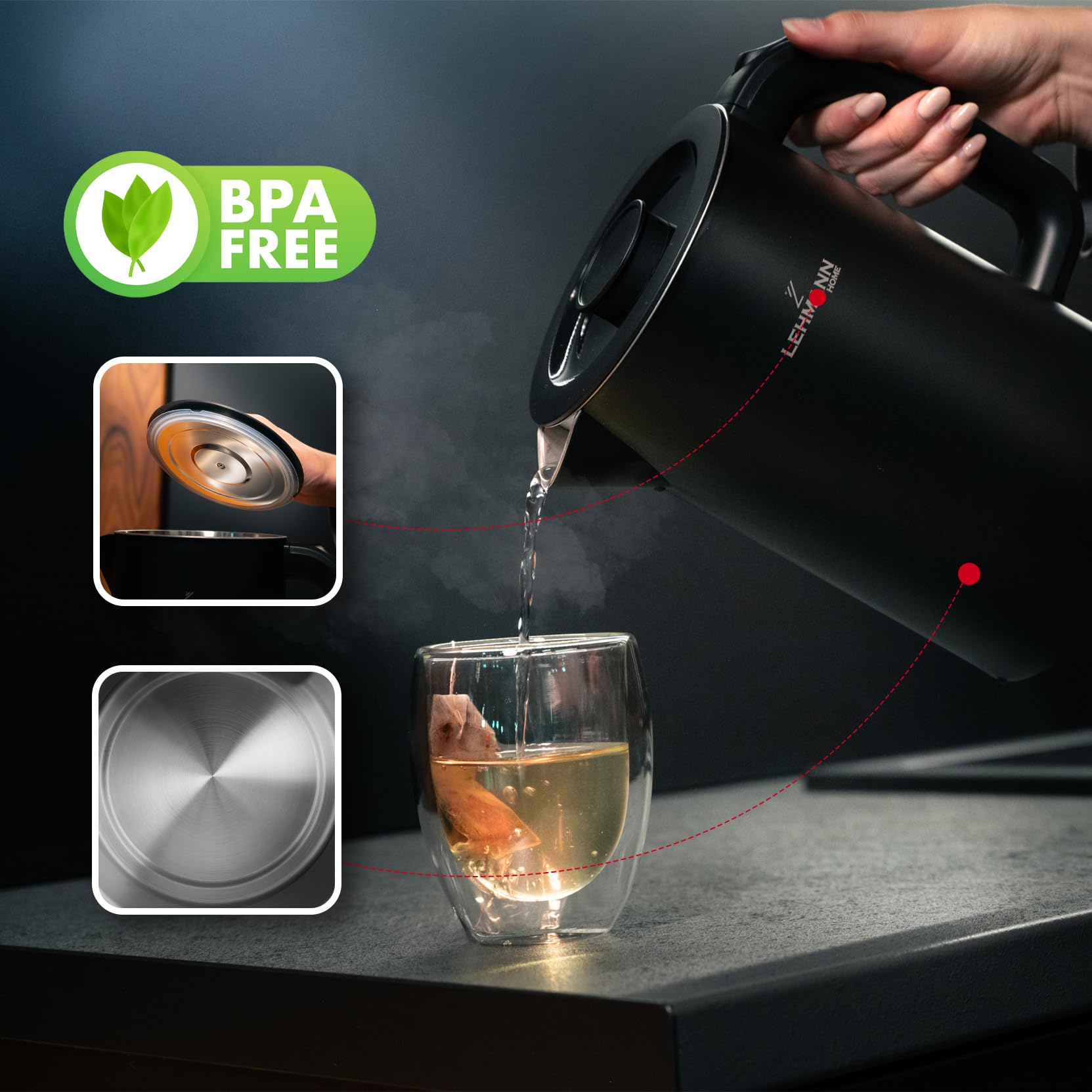 LEHMANN Bollitore Elettrico, 1,7L, 2200W, Riscaldamento Rapido, Design a Doppia Parete, Acciaio Inox, Base Girevole 360°, Spegnimento Automatico, BPA-free – per Tè, Caffè, Pappe, Nero
