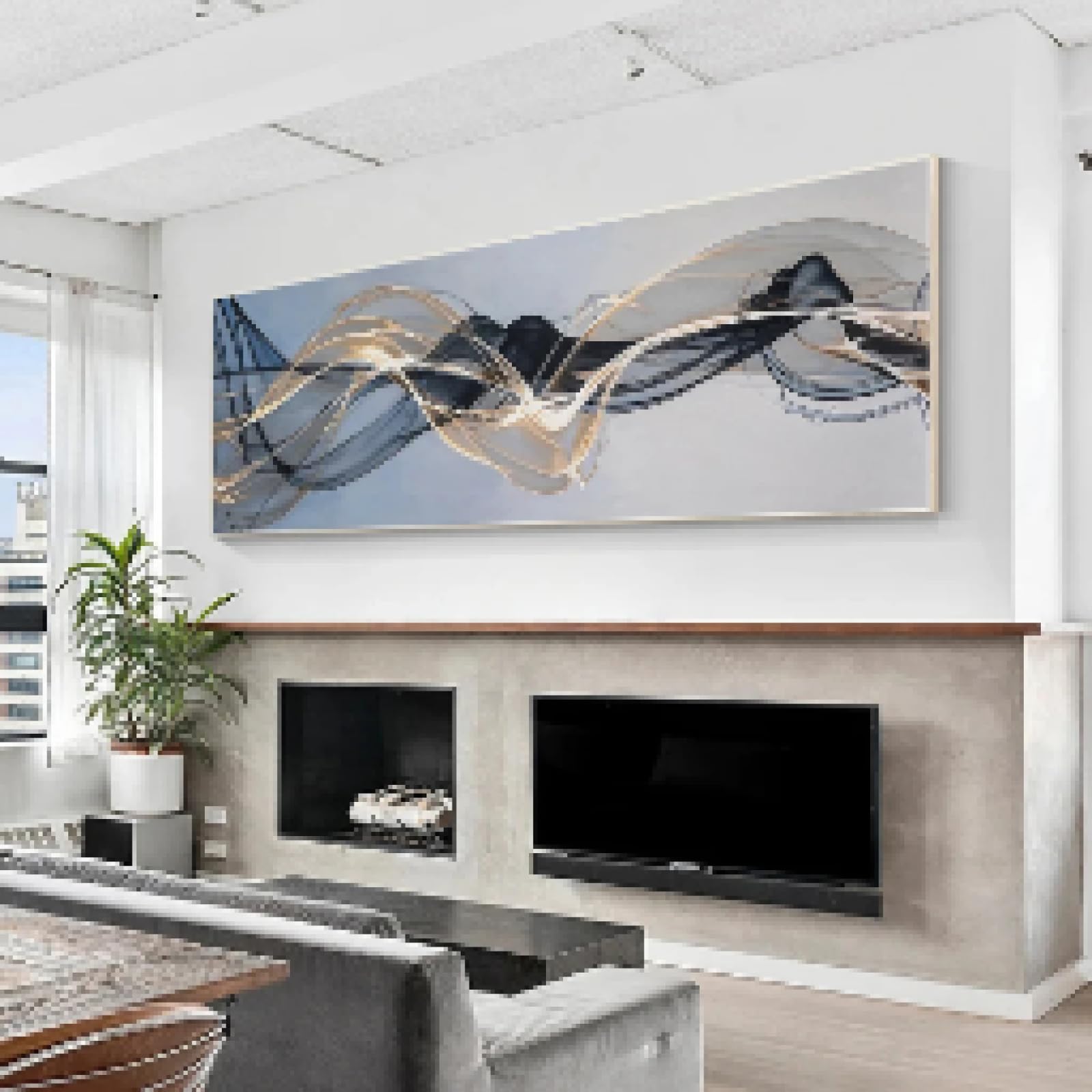 BHTMOI Quadro su tela astratto grigio oro nastro nero dipinto su tela lungo poster di grandi dimensioni per soggiorno moderno arredamento camera da letto 60x180 cm (23,6x70,8 pollici) senza cornice