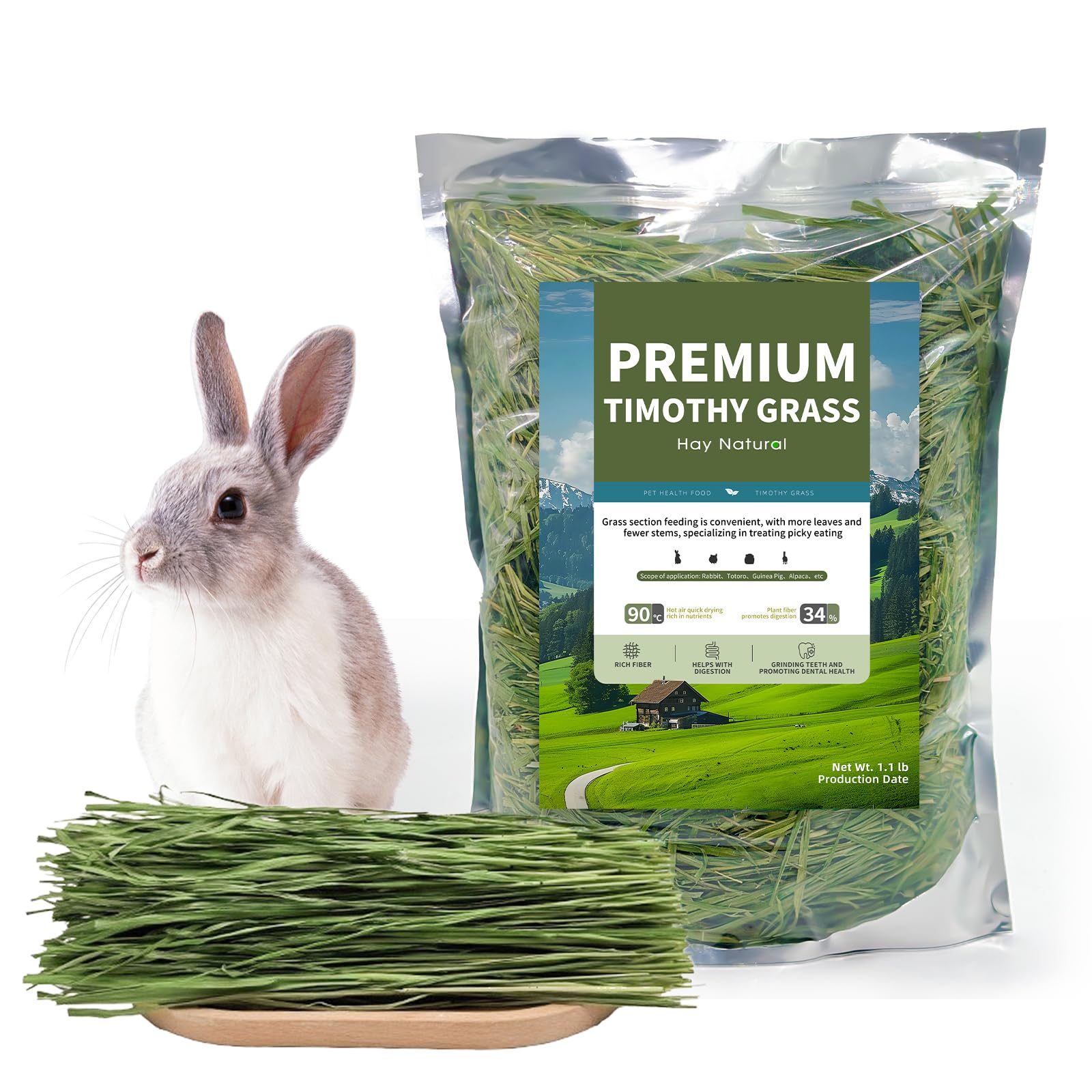 Oven-Baked Timothy Hay for Guinea Pigs, Rabbits & Chinchillas, All Natural High Fiber Food for Digestive Health, 1.1 LB