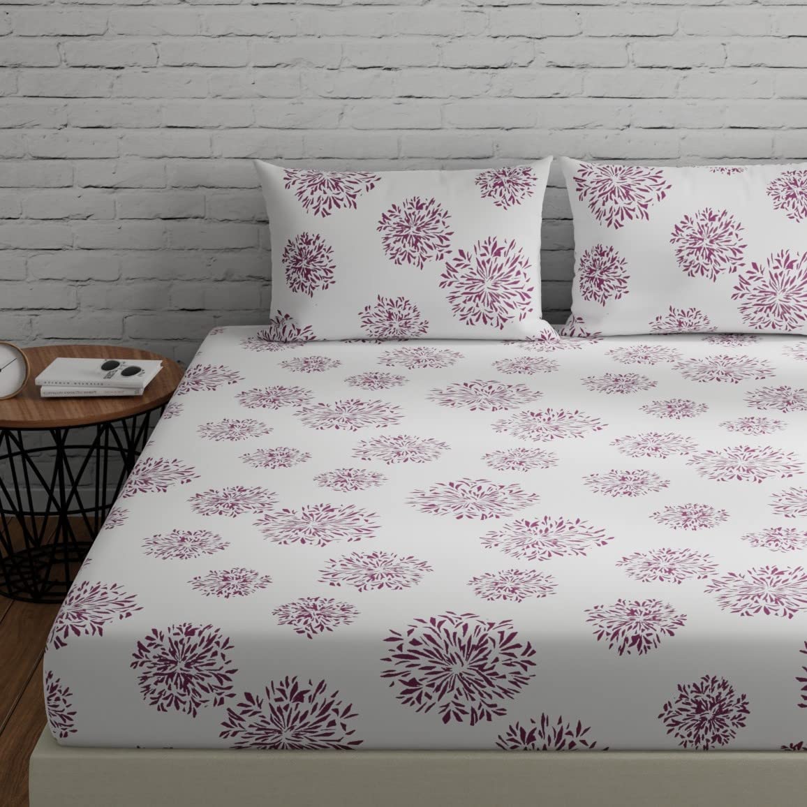 Huesland by Ahmedabad Cotton 144 TC Cotton Queen Size Bed Sheet with 2 Pillow Covers - White (Mauve Print)