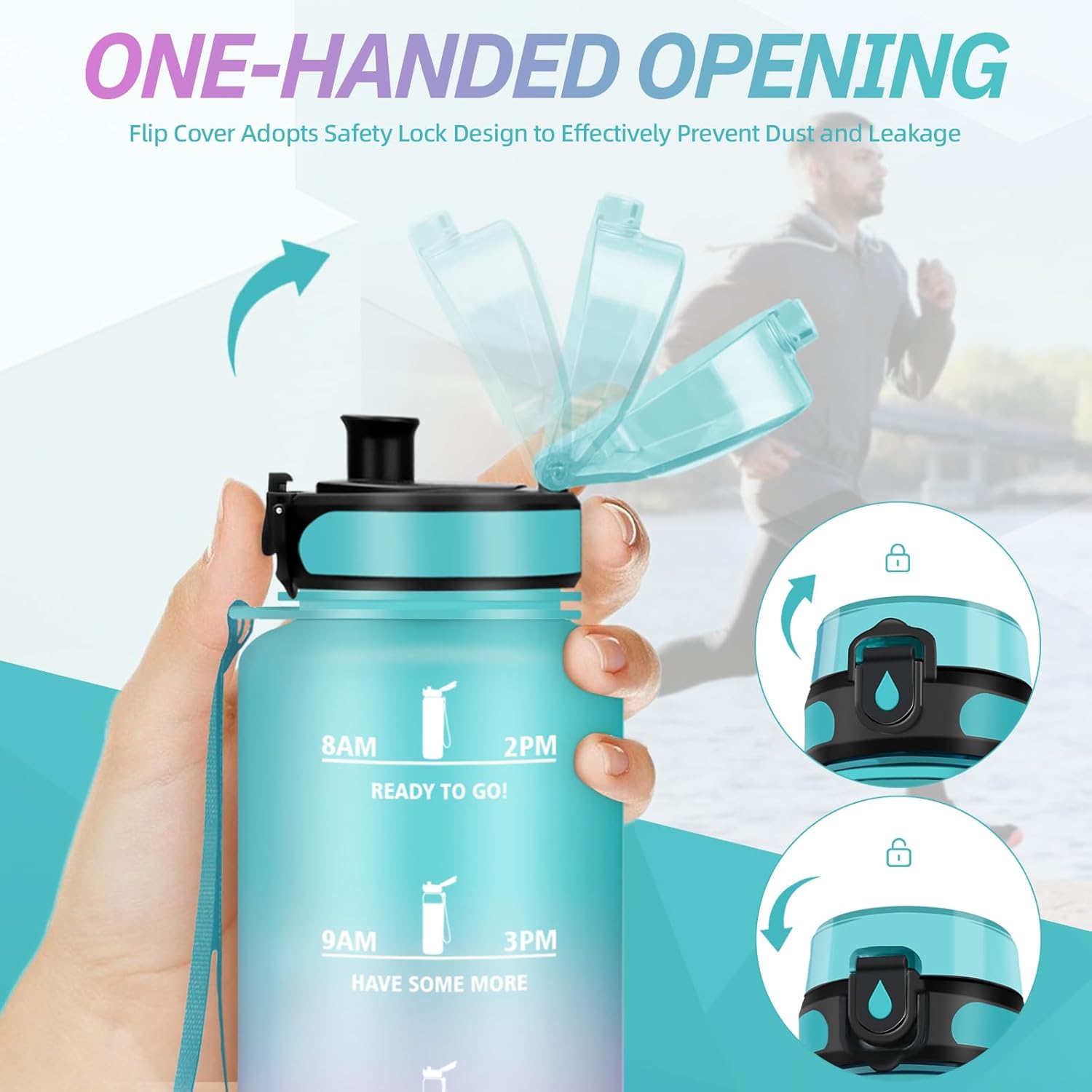 Grsta Drinking Bottle, 1.5 Litres, Sports Water Bottle with Filter, Water Bottle Hiking with Time Marking, Adult Water Bottle, Can Be Carried, Water Bottle for Fitness, Camping, Outdoor