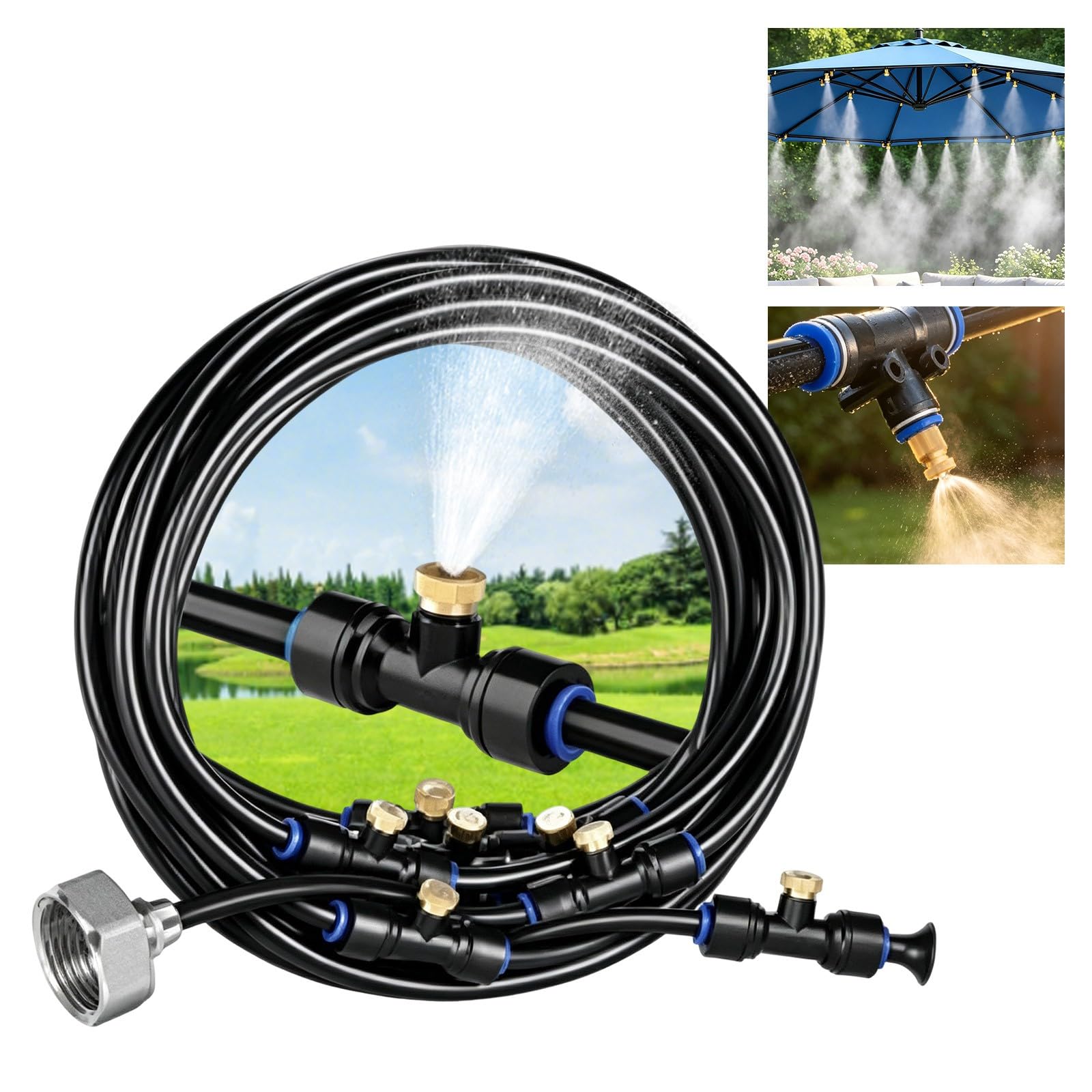 Kit Brumisateur Terrasse Extérieur (12 Mètres / 16 Buses) - Système de Refroidissement par Brumisation avec Raccords Rapides et Buses en Laiton, Brumisateur Eau pour Jardin, Pergola, Parasol