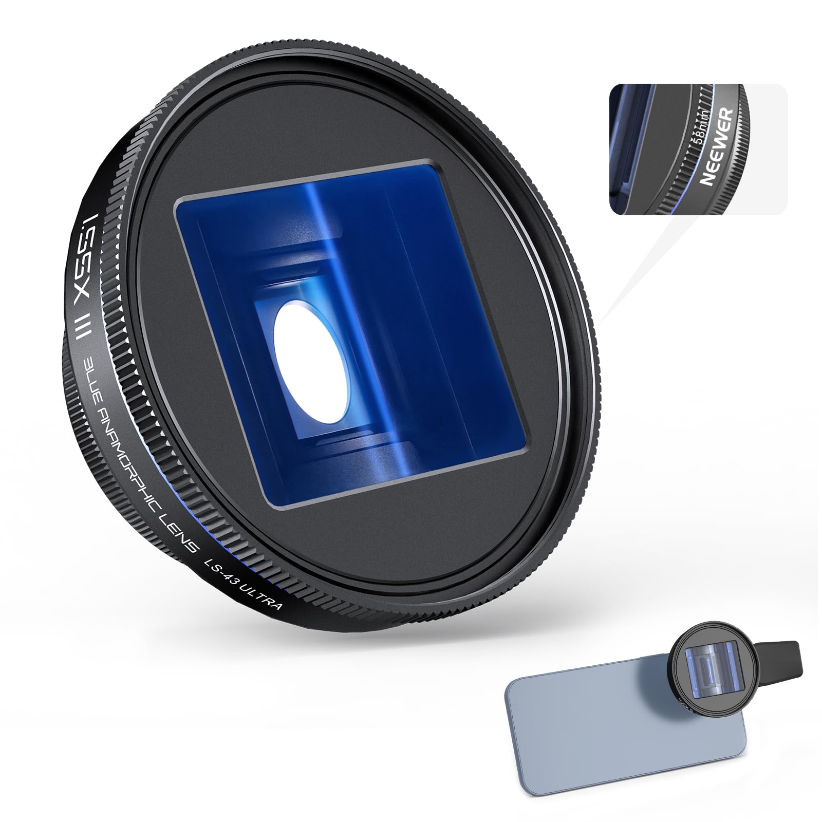 NEEWER 1.55x Blue Anamorphic Lens Compatible with iPhone Android Samsung, Phone Camera Accessories with 17mm Threaded Lens Clip & 58mm Filter Adapter Ring, Cinematic Wide Screen Effect, LS-43 ULTRA