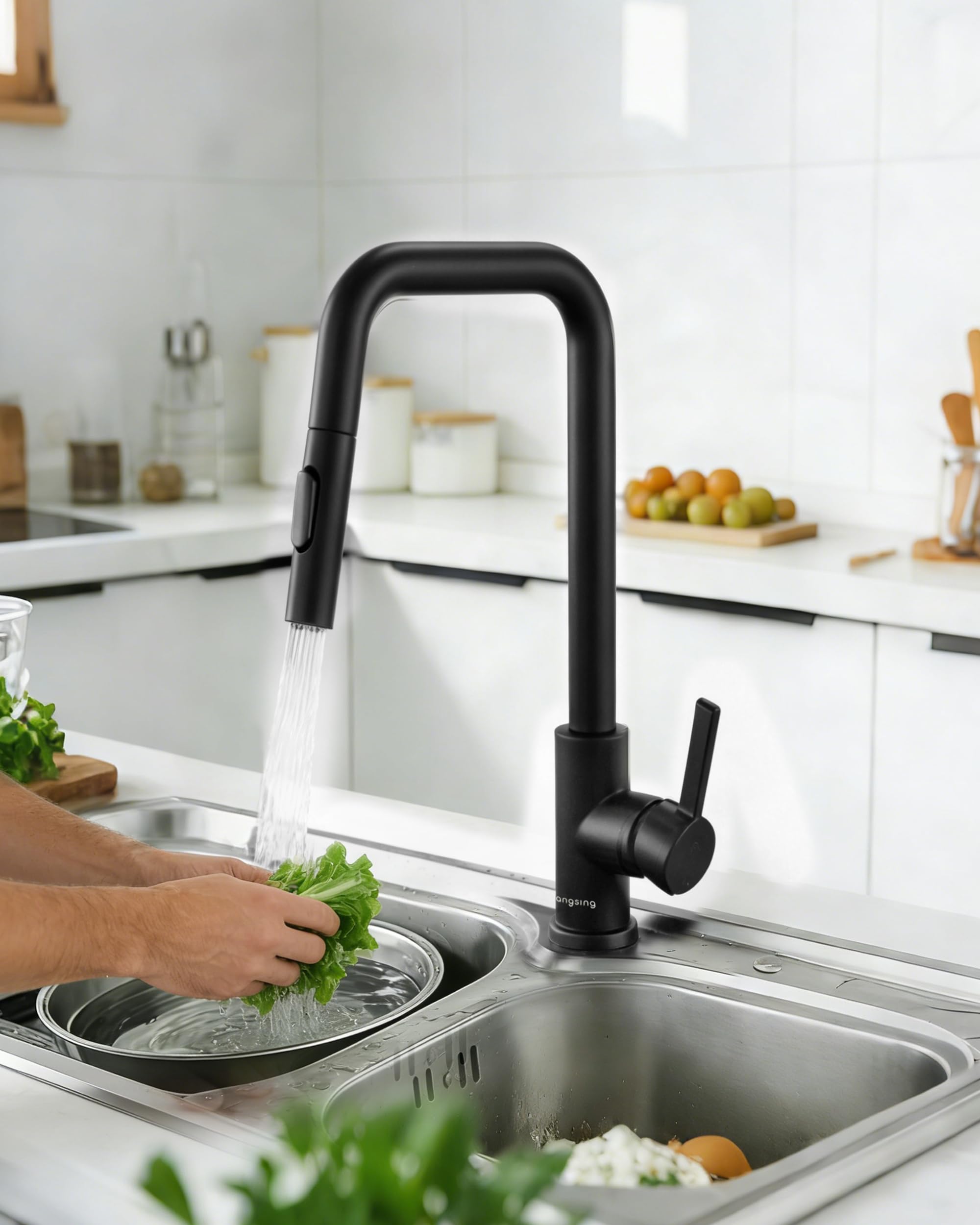 Wasserhahn Küche Schwarz, Hochdruck Küchenarmatur mit Brause | 304 Edelstahl Küchenarmatur Ausziehbar, Armatur 2 Strahlarten, Spültischarmatur Küche, 360° Schwenkbar, DVGW-Zertifiziert