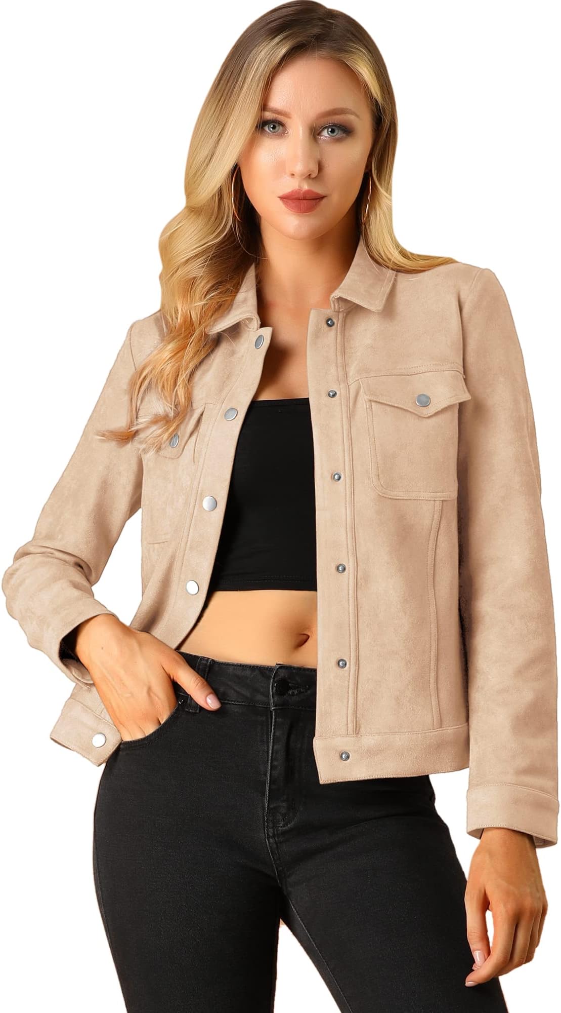 Allegra K Women's Turn-Down Collar Flap Pockets Snap Button Faux Suede Jacket