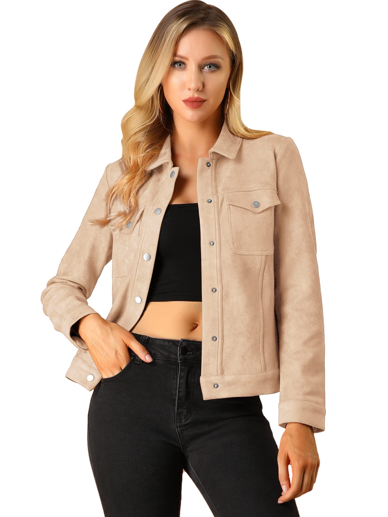 Allegra K Women's Turn-Down Collar Flap Pockets Snap Button Faux Suede Jacket