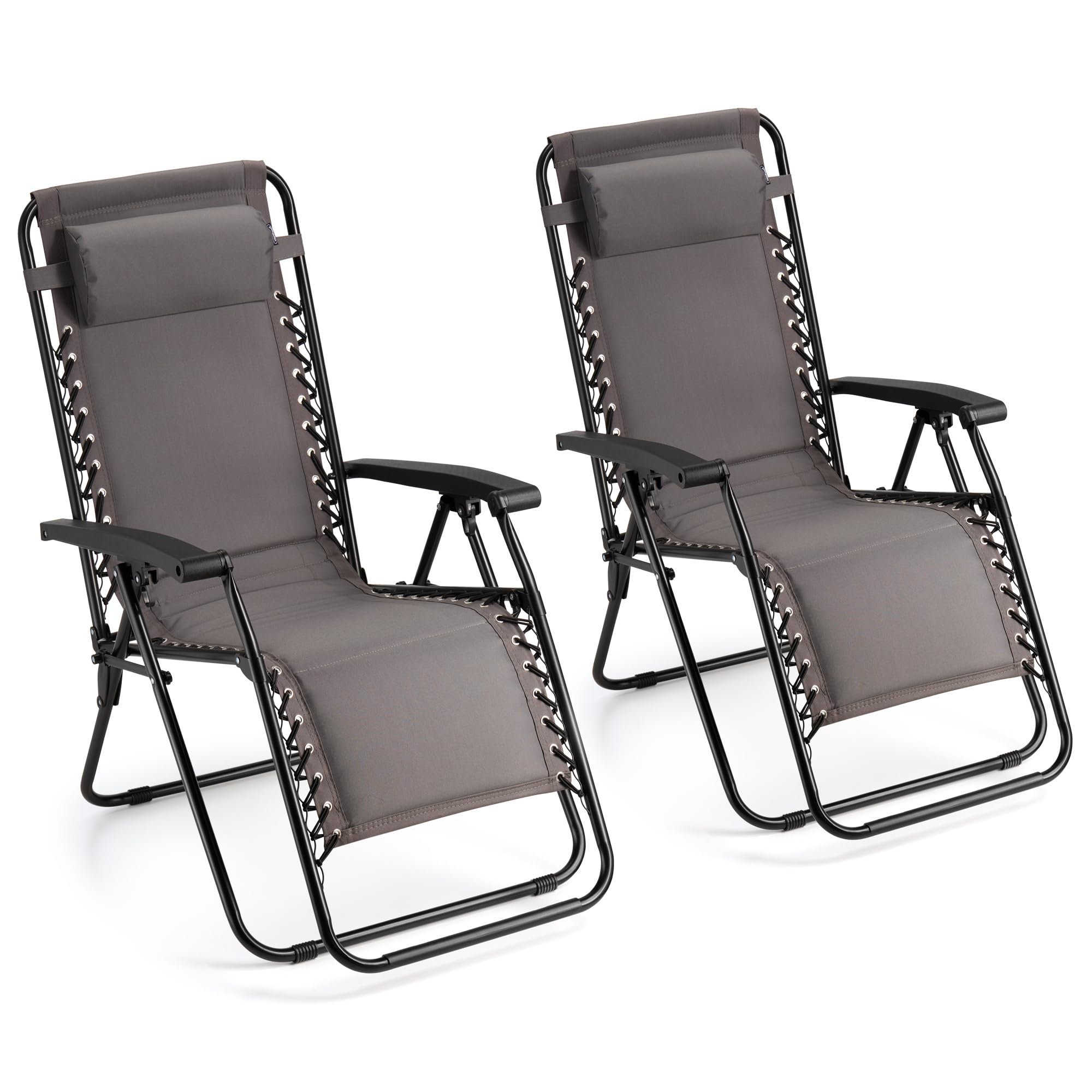 VonHaus Zero Gravity Chairs Set of 2 - Grey Reclining Sun Loungers for Garden - Padded Folding Sunloungers with Detachable Head Pillow - Fold Away 2 Set Deck Chairs for Outdoor, Patio & Decking