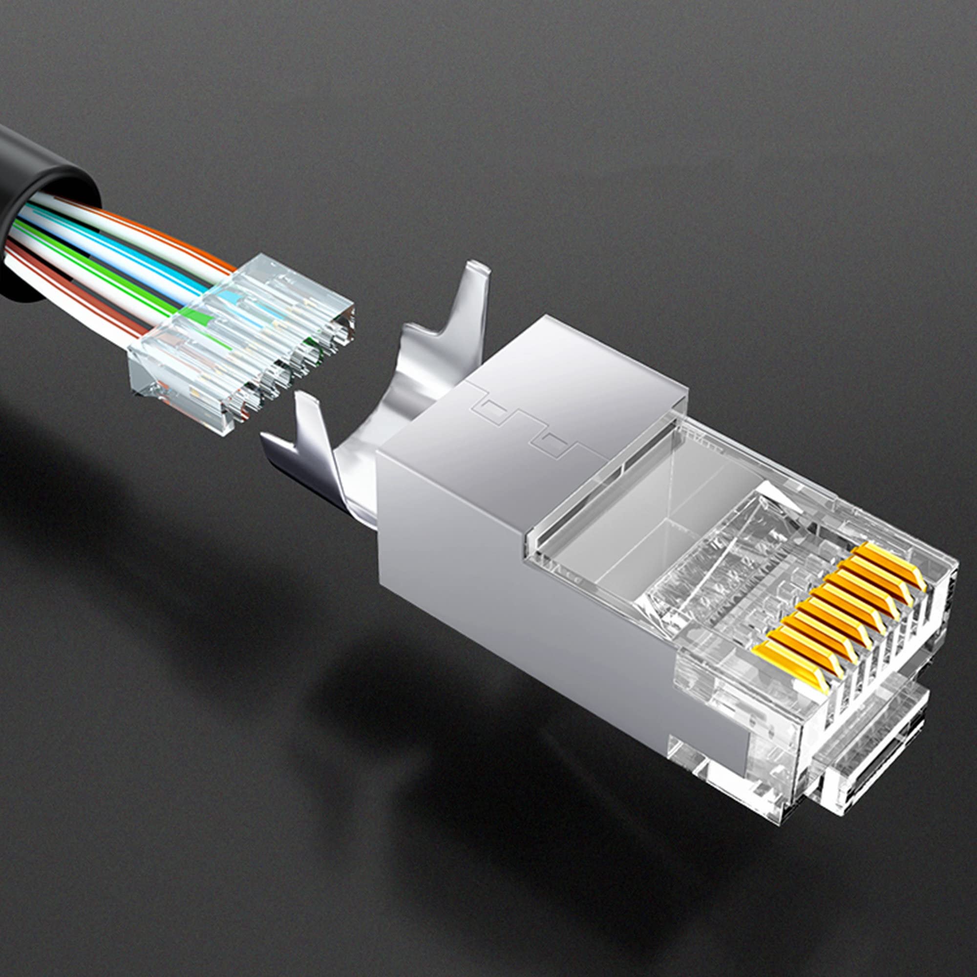 Yankok Connettore passante CAT7 100 pezzi placcato oro 3U con stivali antistrappo schermato RJ45 spine per cavi CAT6a CAT7 solidi e incagliati