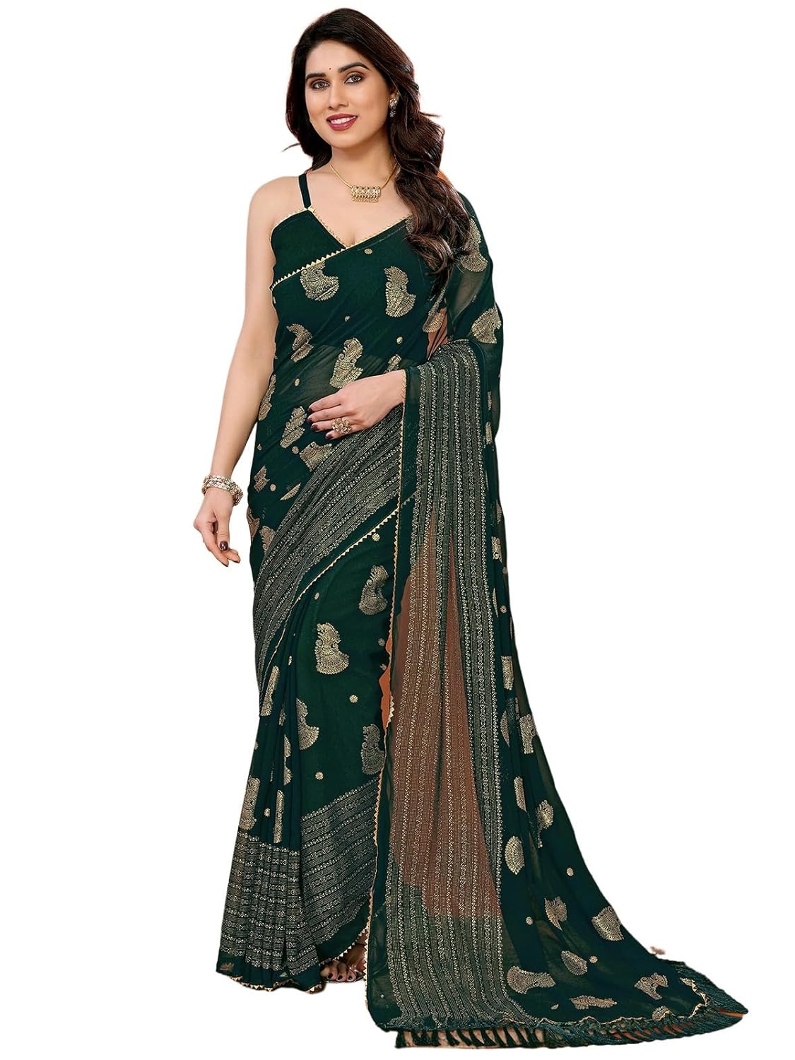 Satrani Women’S Georgette Foil Printed Lace Work Saree With Unstitched...
