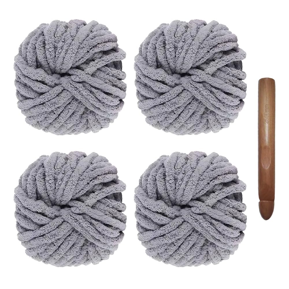 4PCS Chunky Yarn for Hand Knitting, Chunky Chenille Wool Yarn Set (Grey)