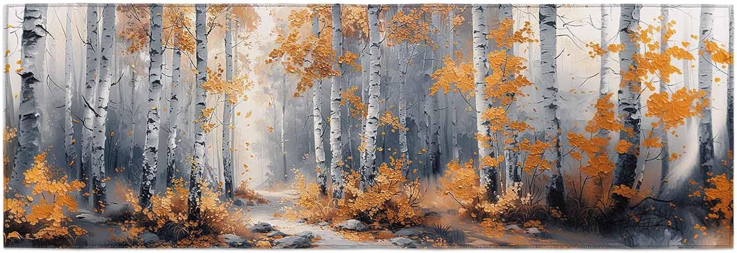 Kitchen Mats for Floor Abstract Autumn Forest Natural Scene Washable Non Slip Kitchen Rugs 1PCS, Oil Painting Art Tree Plant Absorbent Standing Mats for Sink Bathroom Office Living Room 23.6x70.9in