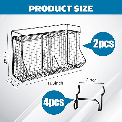 Miniatura 2 de Huwena Juego de 2 cestas escalonadas con 4 ganchos, sistema de almacenamiento de piezas de tablero perforado negro, organizador de herramientas de