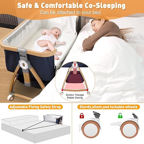 Miniatura 6 de Cuna para bebé, cuna 3 en 1, cuna mecedora de malla transpirable con cómodo colchón y ruedas, 6 alturas ajustables, fácil de montar y plegable, cuna