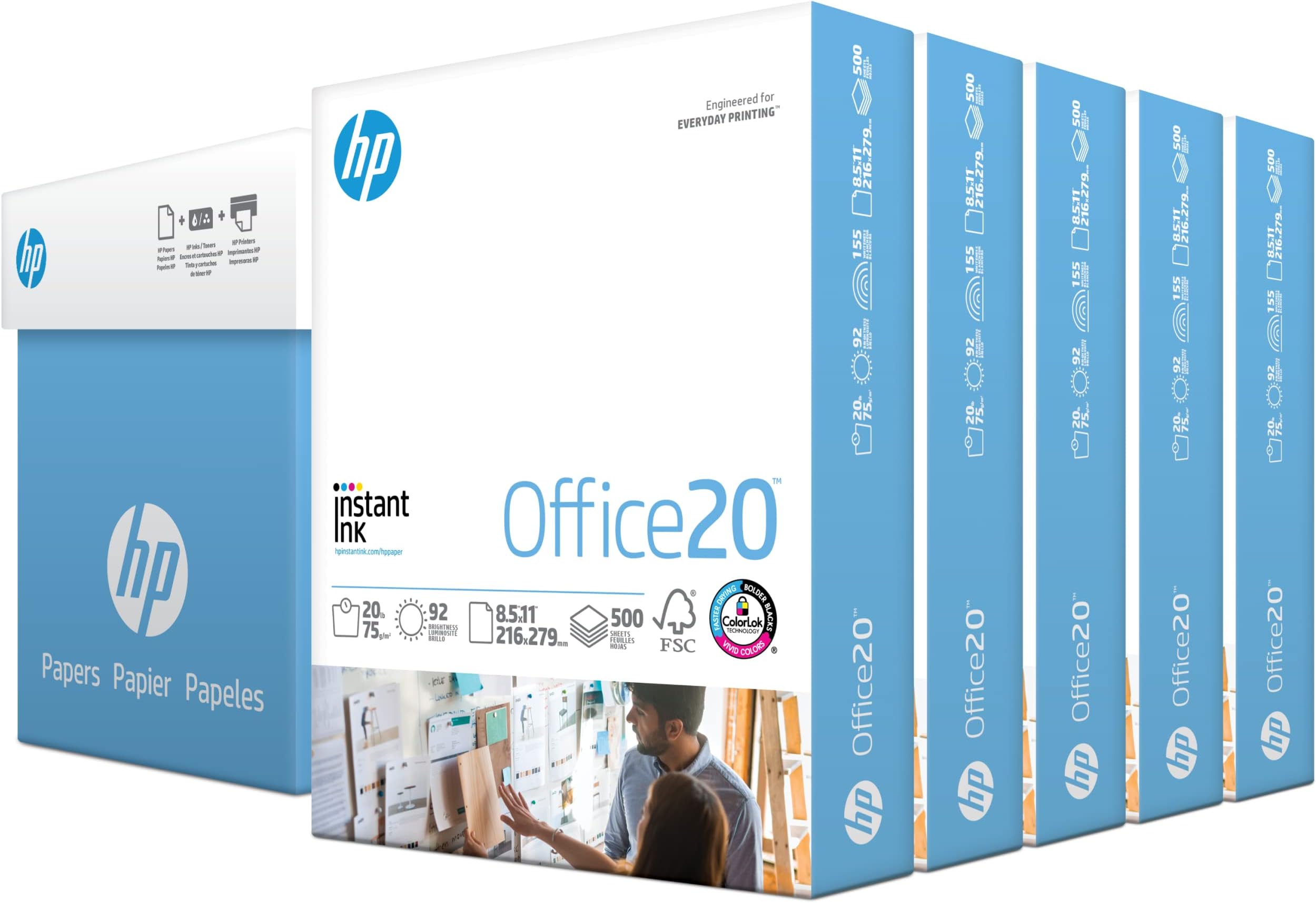 HP Printer Paper 8.5x11 Office 20 lb 5 Ream Case 2500 Sheets 92 Bright