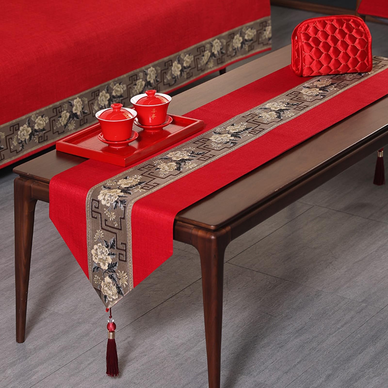Bieżnik na stół 33 x 220 cm, bieżnik w stylu vintage, w środkowe paski, haftowane kwiaty z frędzlami, len, bieżnik, bieżnik do jadalni, na imprezę, dekoracja, czerwony kawowy