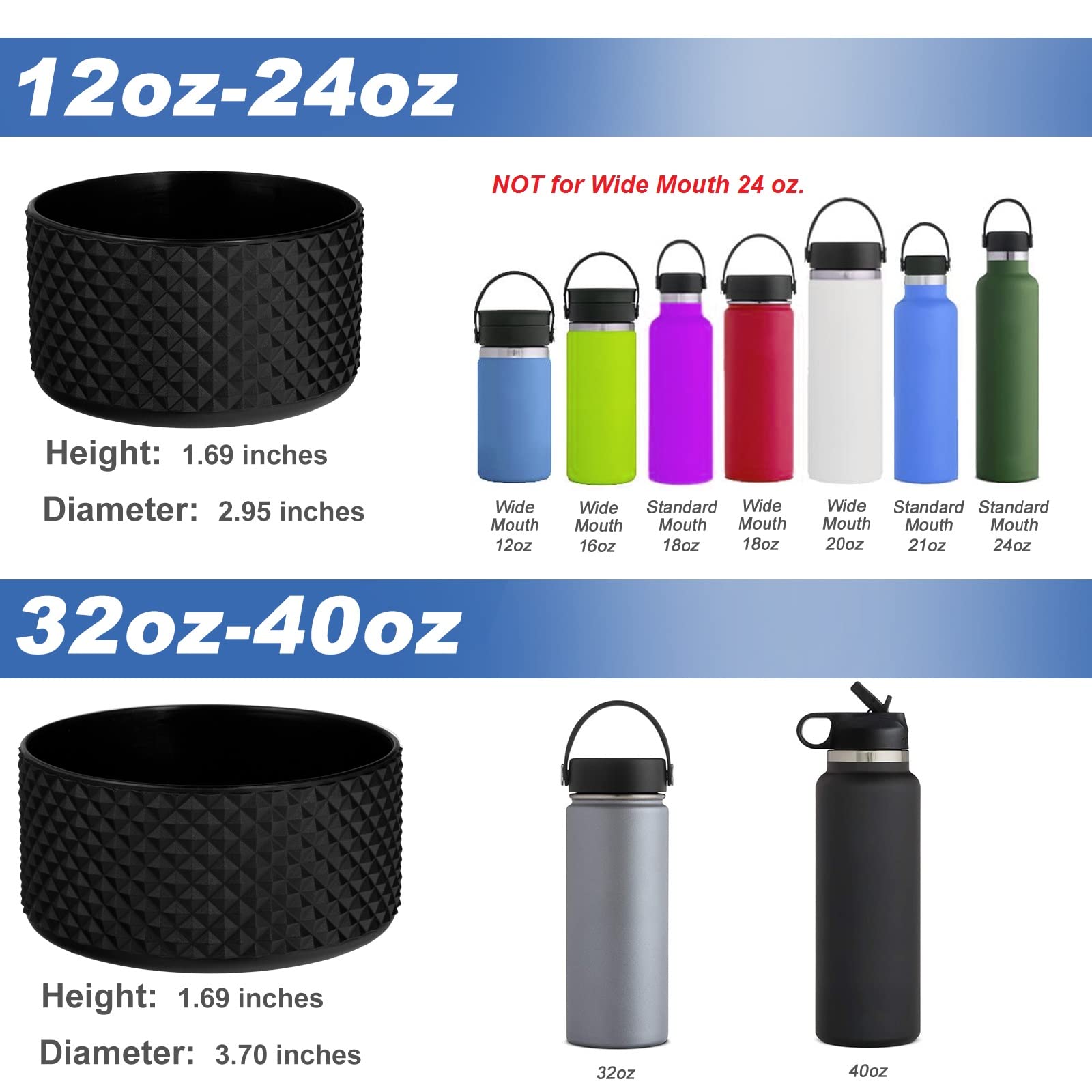 FLORAPELL Boot for Hydro Flask 12 16 18 20 21 24 32 40 oz Water Bottle, Silicone Hydroflask Boots Protective Bottom Sleeve Cover for Hydro Water Bottles (Diamond Black)