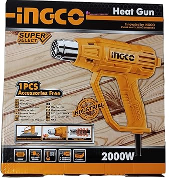 INGCO 2000 W Patented Metal Power and Hand Tools Heat Gun with Soft Rubber Grip and 6 Accessories (Black and Orange)