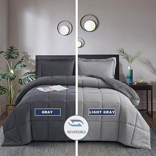 Miniatura 3 de HUAJIE Juego de edredón alternativo de plumón de ganso de 3 piezas para todas las estaciones, relleno de edredón solo 2 fundas, edredón acolchado