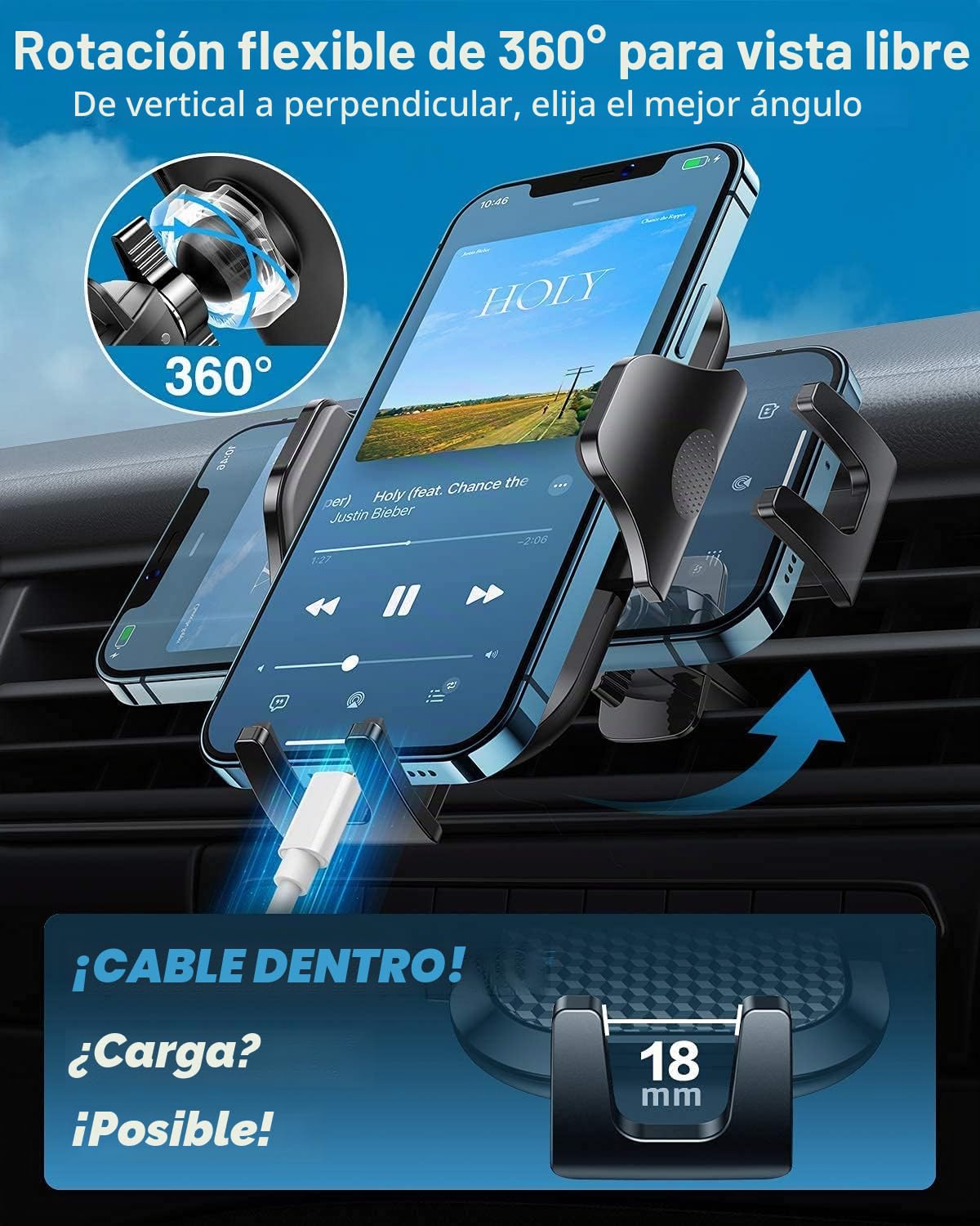 VANMASS Soporte Movil Coche 2024【Pro Version】 Soporte Teléfono Coche 【Military-Grade】 Actualizado Ventosa Accesorios para el Coche Salpicadero Parabrisas para iPhone 15 14 13 Pro MAX, Negro Brillante