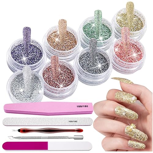 Polvo de uñas de diamante de cristal brillante de 8 colores, 5 piezas de herramientas de arte de uñas, pulidor de archivos de uñas de acero