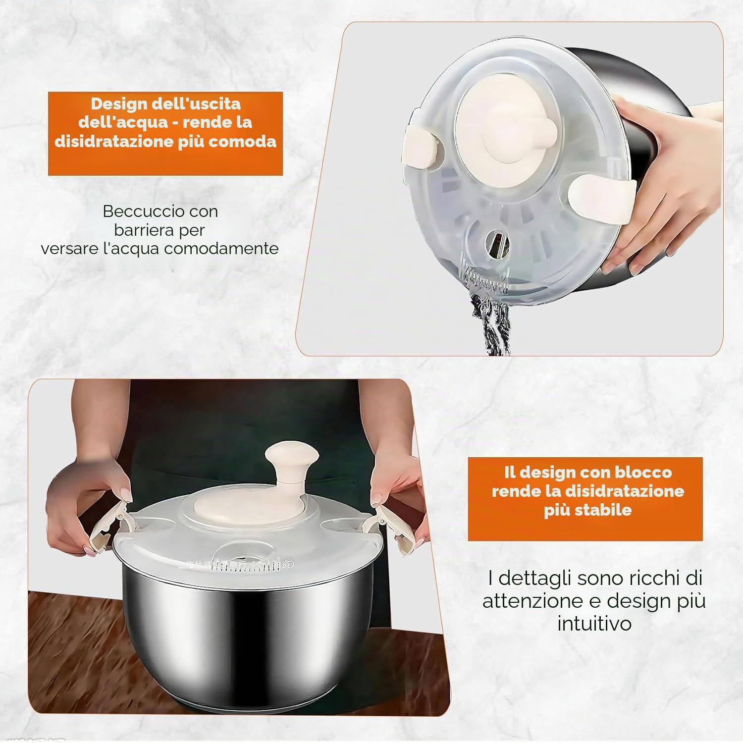 Centrifuga per insalata in acciaio inox da 6 l, multiuso, per frutta, verdura, scolapasta, centrifuga per insalata, centrifuga per frutta con uscita di drenaggio (A1)