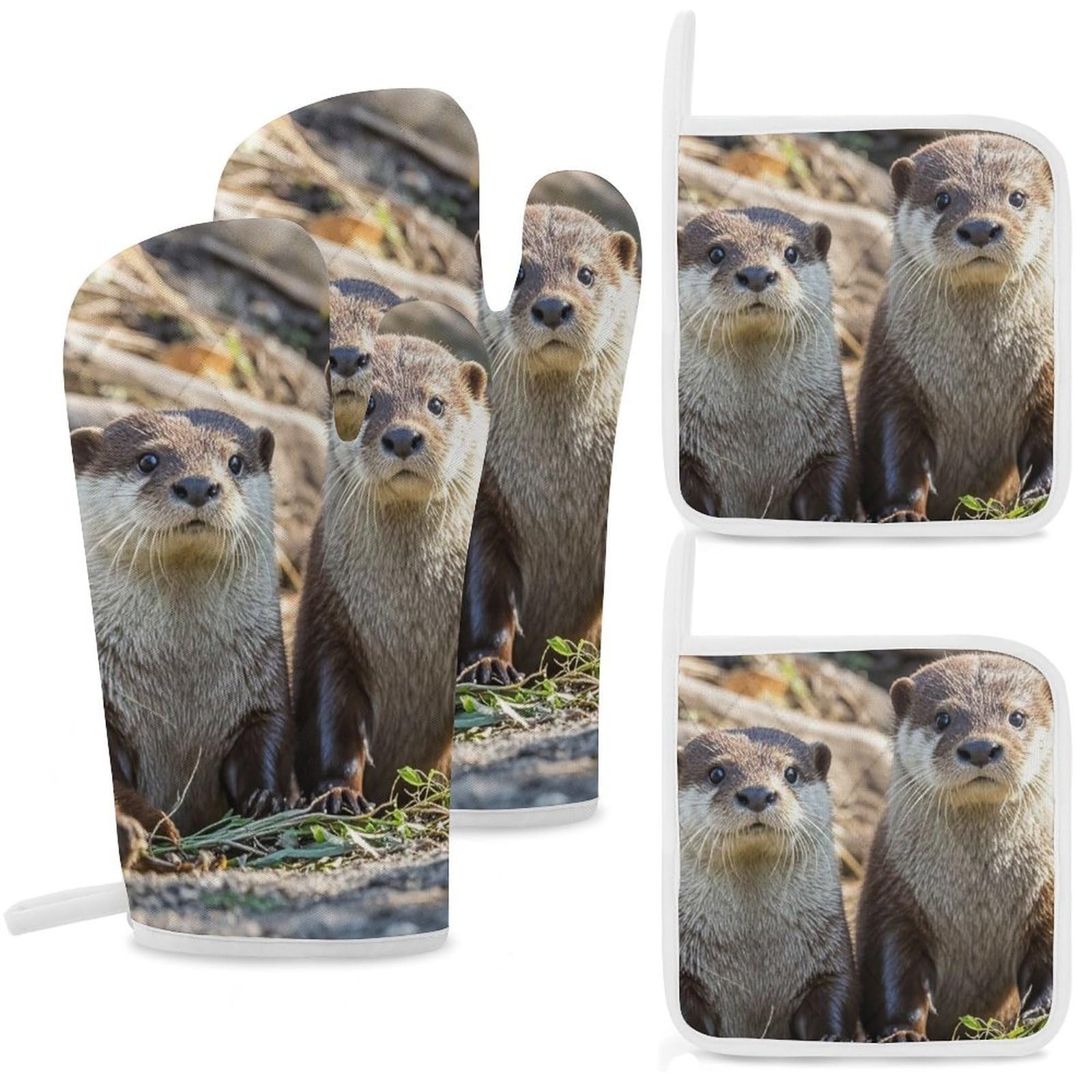 Animal Cute Brown Otters Oven Mitts and Pot Holders Sets Heat Resistant Oven Glove with Hanging Loop for Baking Cooking BBQ Thicken Potholders for Kitchen