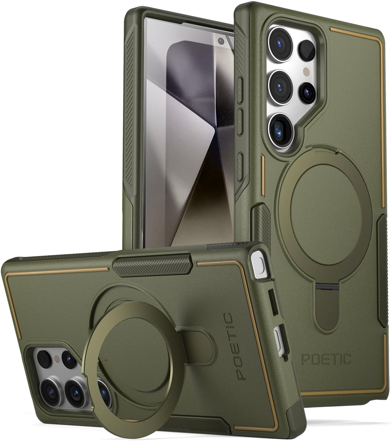 Poetic Neon Case Compatible with Galaxy S24 Ultra 6.8", [Magnetic Ring Stand] Dual Layer Rugged Slim Shockproof Protective Cover, Military Green