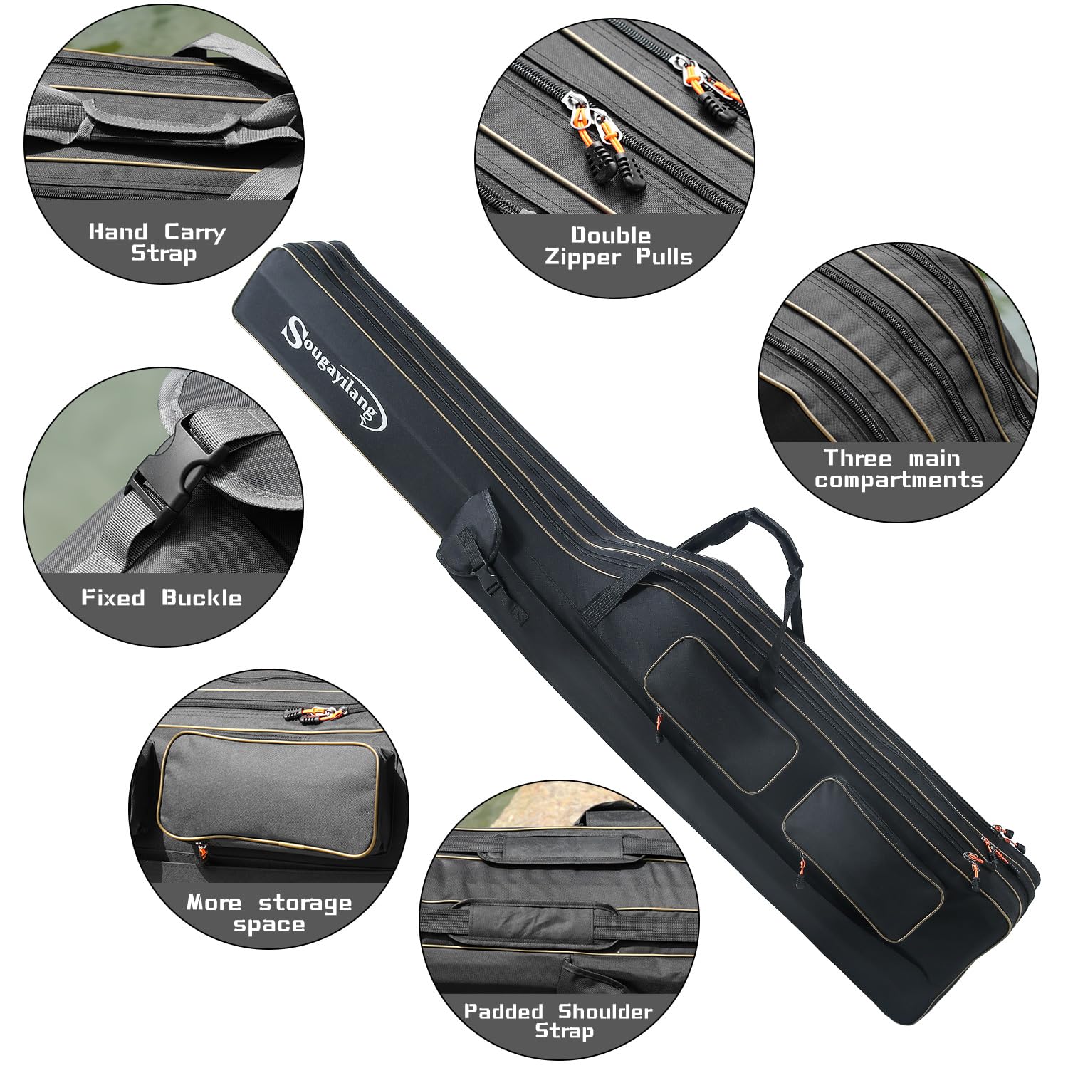 Sougayilang Sac de transport pliable pour canne à pêche - 3 couches - Grande capacité de rangement - 165 cm - Noir